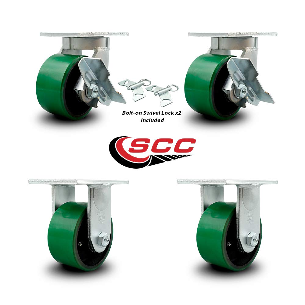 Extra Heavy Duty 6” x 3” Green Poly on Cast Iron Swivel Caster Set for Cranes, Gantries, Hoists, and Winches - 2 with Brake and Swivel Lock/2 Rigid-2,000 lbs Per Caster-Set of 4- Service Caster Brand