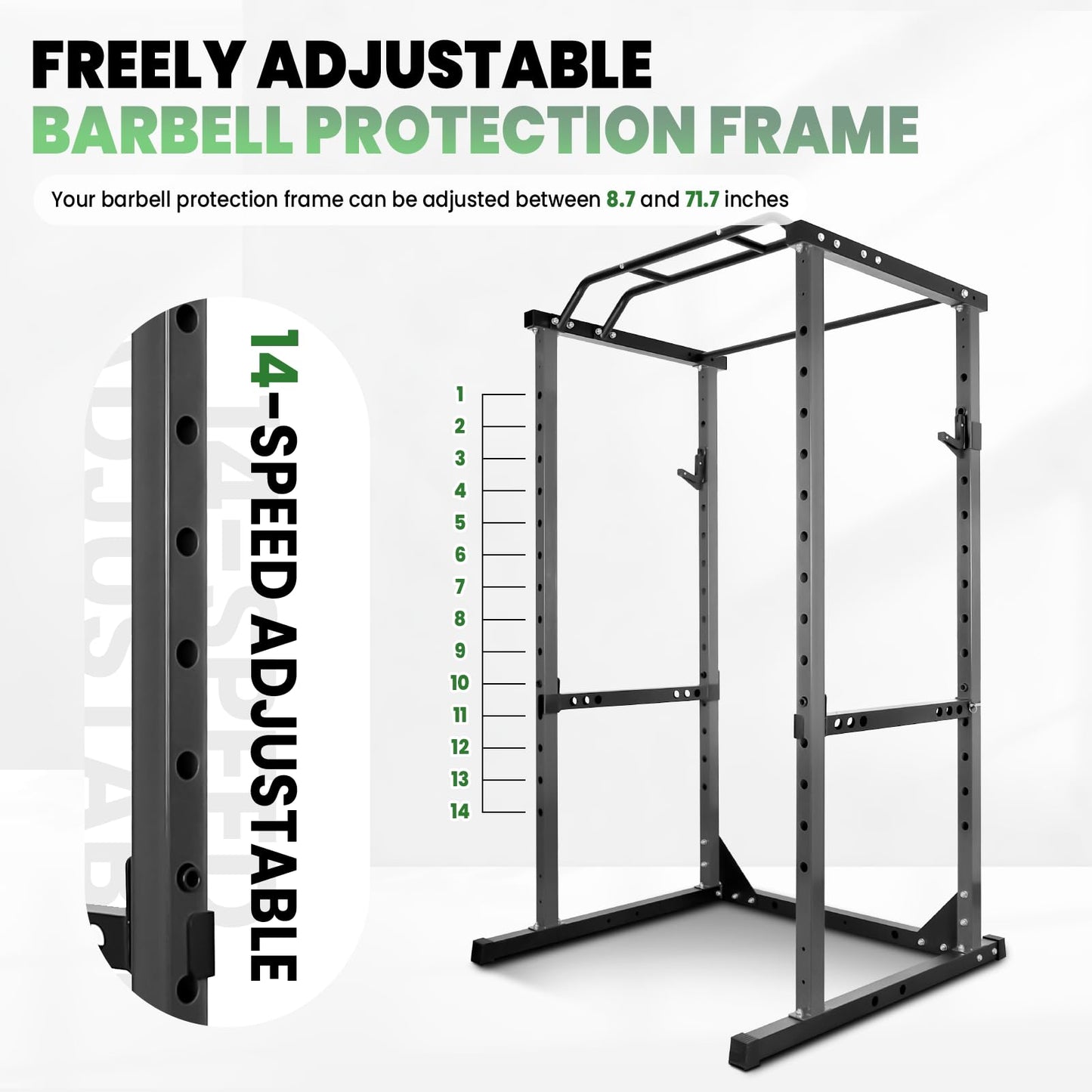 Space-Saving Power Cage for Small Home Gym, 1200 LBS Weight Capacity 2x2 Steel Squat Rack with Multi-Grip Pull Up Bar, Adjustable J-Hooks & Safety Bars for Full Body Workout, Smith Machine