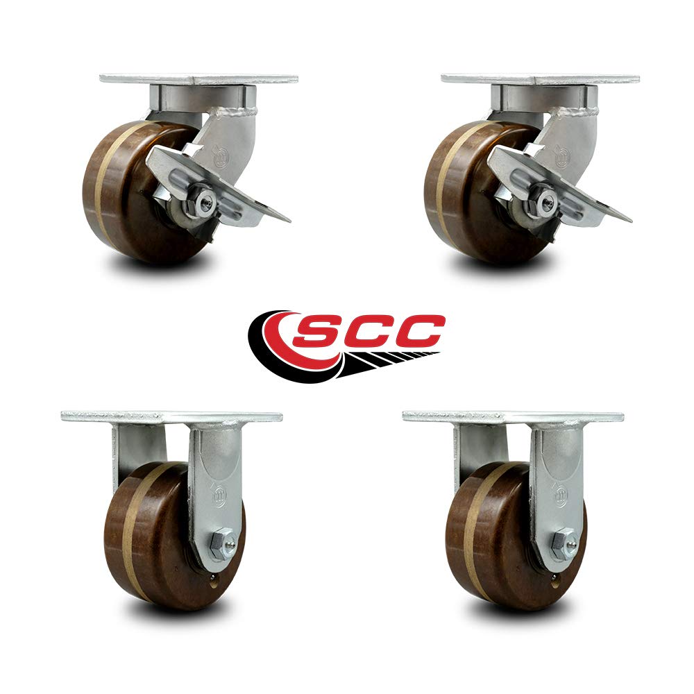Extra Heavy Duty 6”x3” High Temp Phenolic Swivel Caster Set for Cranes,Gantries,Hoists,and Winches-2 Swivel with Side Lock Brakes and 2 Rigid Casters-2,000lbs Per Caster-Set of 4-Service Caster Brand