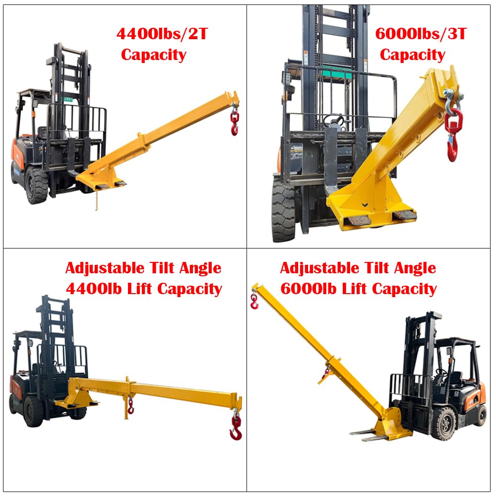 EQCOTWEA 3-Ton Forklift Jib Boom Crane Attachment, Adjustable 0-75° Tilt Angle Forklift Telescopic Arm, 7-12ft Telescopic Arm, 2 Hooks, Compatible with Forklifts & Material Handling Equipment