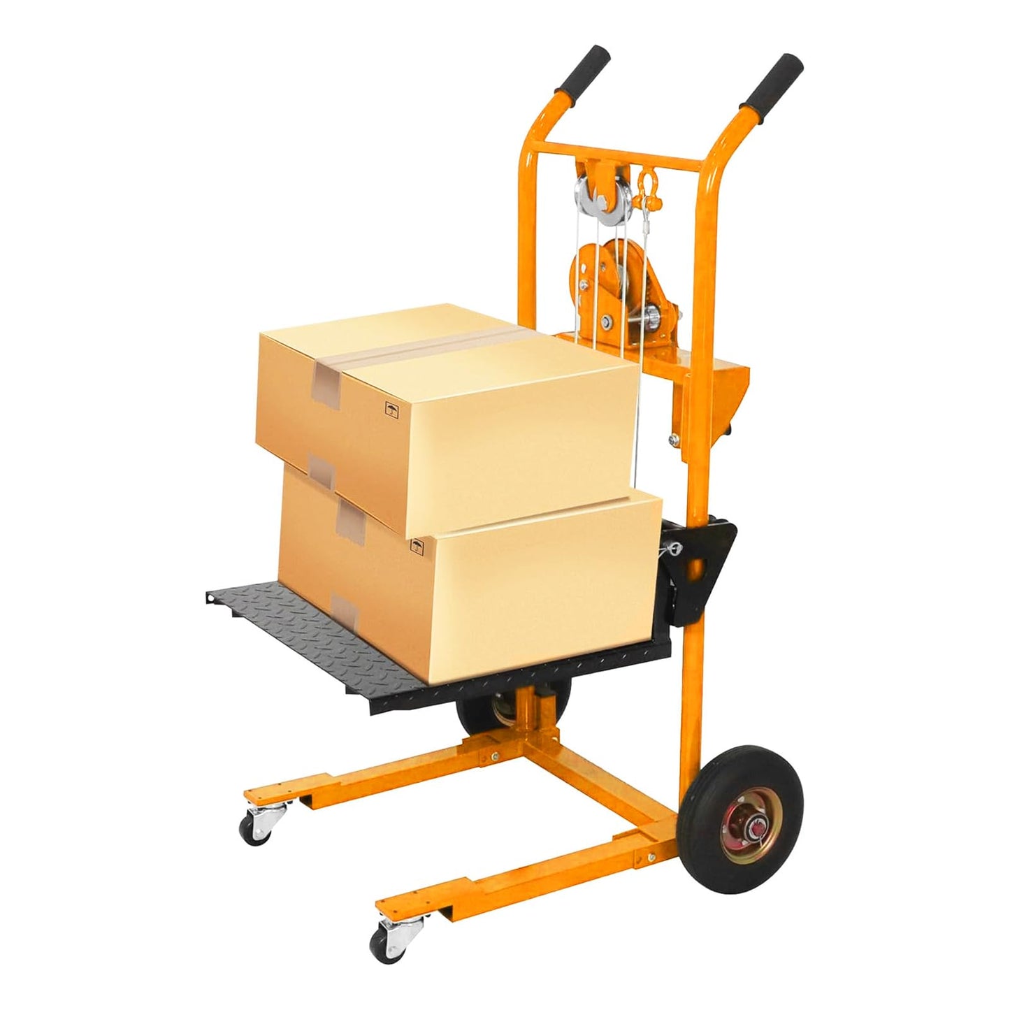 Material Lift Winch Stacker, 330 lbs Capacity Table Cart, 40.5" Lifting Height Manual Forklift Stacker, Pallet Jack Truck Dolly with Swivel Casters and Lift Plate (Yellow)