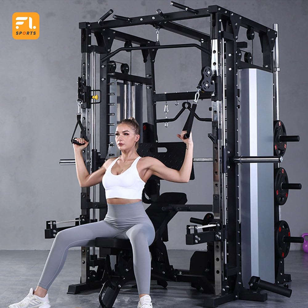 Multi-Functional Smith Machine Power Cage, Steel Home Gym Equipment, Dark Grey, 78.74x66.93x88.58 in, 300KG Weight Capacity, Model FL104