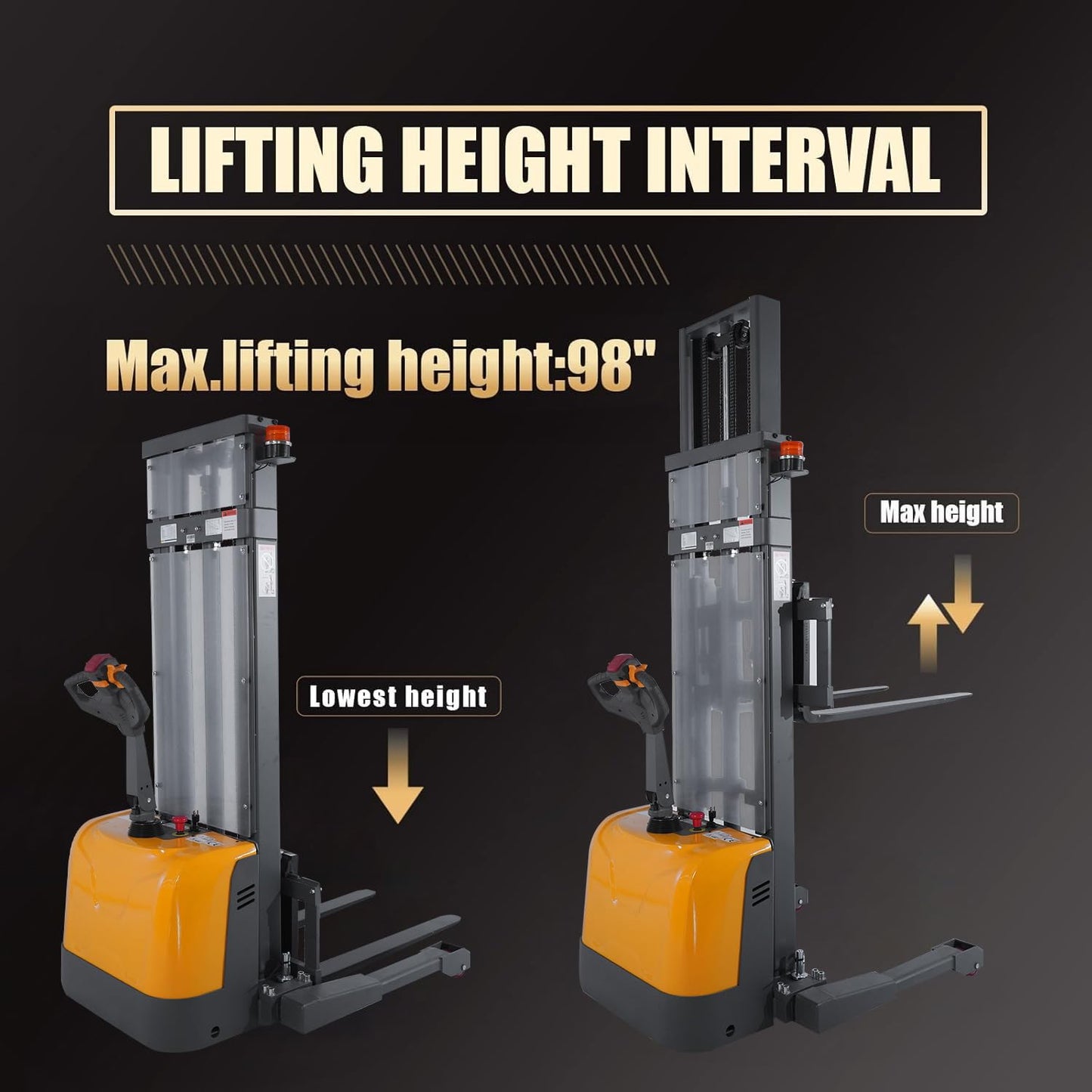 Aequanta Electric Pallet Stacker Drive Pallet Forklift with Straddle Legs Material Lifter Adjustable Forks 3300lbs Cap. 98" Max Lift Height