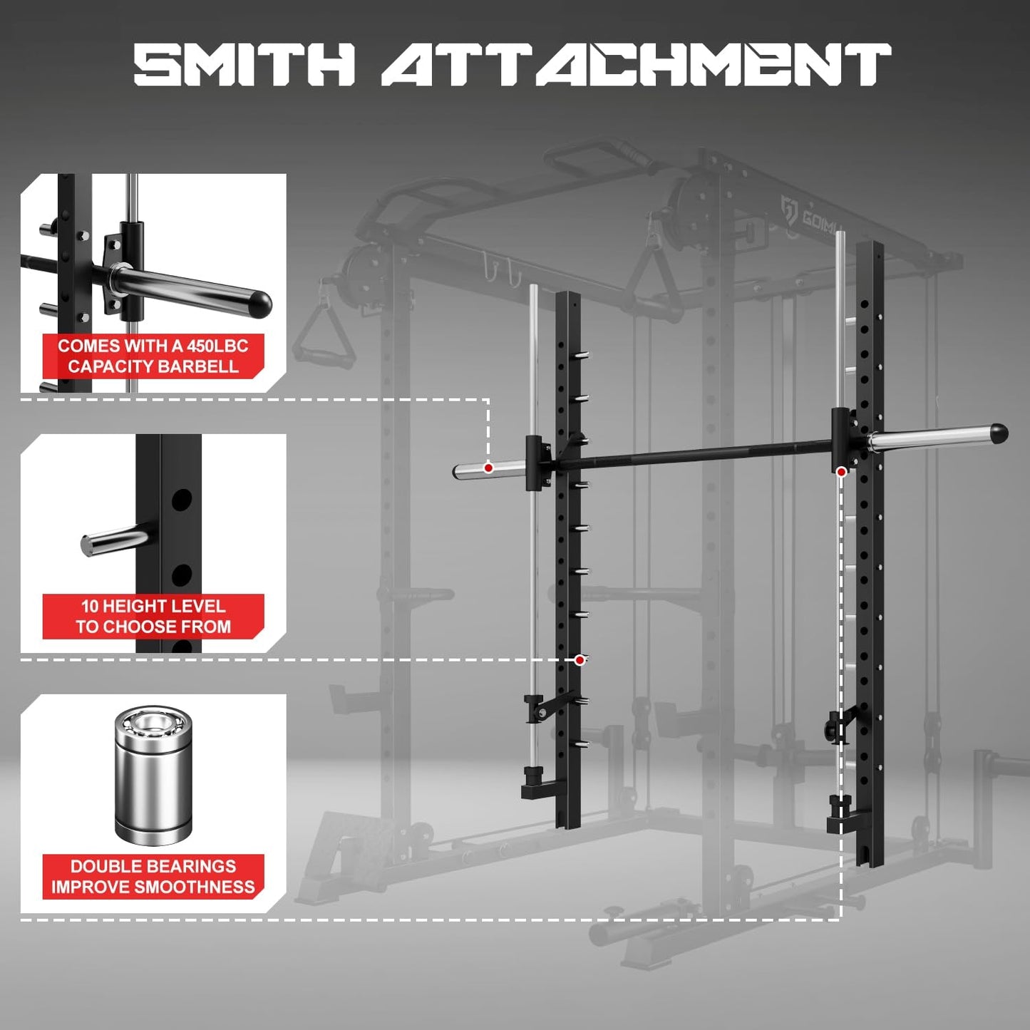 Goimu S1-V4 Smith Machine, 2000LBS Power Cage with Cable Crossover System, All-in-One Squat Rack with Smith Bar, Strength Training Equipment for Hone Gym (Black Smith Machine wiht Bench)