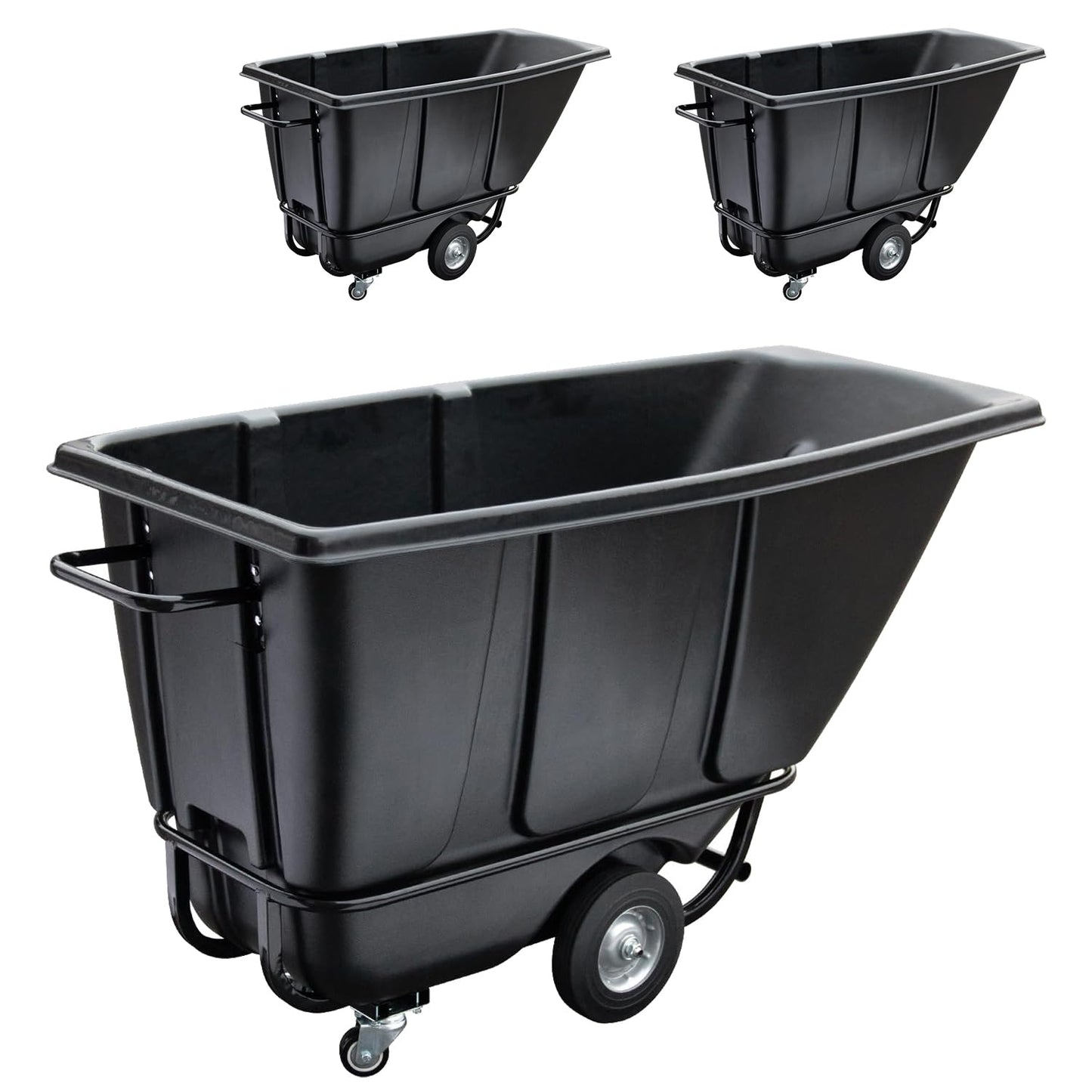 Fworkleft Tilt Dump Truck 850 lbs Capacity, 1/2 Cu.Yd Heavy Duty Trash Cart with Wheels, Forklift-Able Frame, Plastic Utility Dump Cart for Construction, Warehouse & Industrial Use (3-Pack)