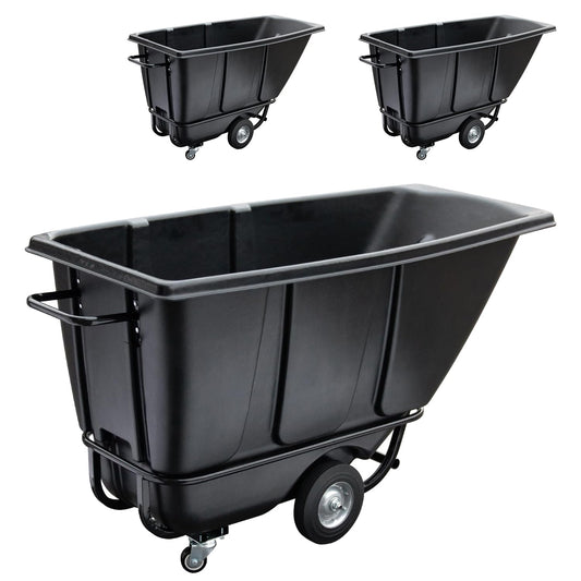 Fworkleft Tilt Dump Truck 850 lbs Capacity, 1/2 Cu.Yd Heavy Duty Trash Cart with Wheels, Forklift-Able Frame, Plastic Utility Dump Cart for Construction, Warehouse & Industrial Use (3-Pack)