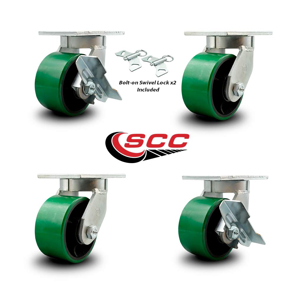 Extra Heavy Duty 6”x3” Green Poly on Cast Iron Swivel Caster Set for Cranes,Gantries,Hoists,and Winches-2 with Swivel Locks and 2 with Side Lock Brakes-2,000lbs Per Caster-Set 4- Service Caster Brand