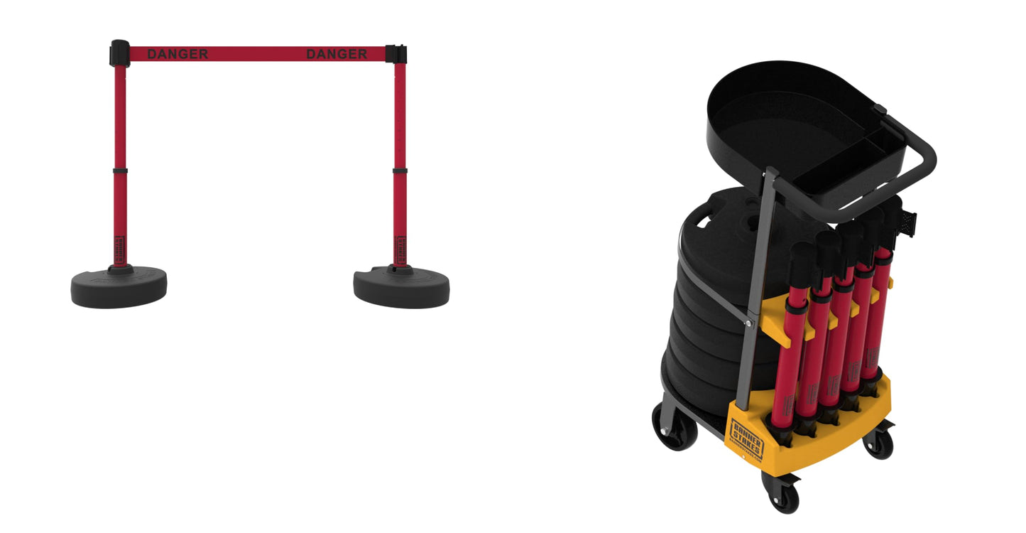 Banner Stakes Crowd Control Plus Cart Package & Accessory Tray, 75' Total Retractable Belt Barrier System - 5 Telescoping Stanchions w/ 15' Red Double-Sided "Danger" Banners (PL4162T)