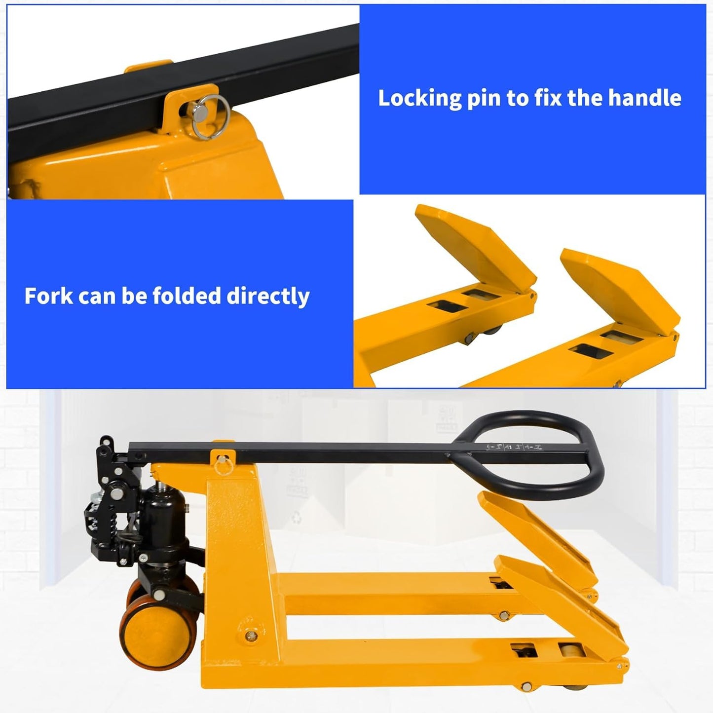 Apollo Foldable Pallet Truck, Narrow Pallet Jack, Mini Size Foldable Forks and Handle 2200Lbs Capacity 31.5" x 15" Forks, 15” Overall Width for Easy Storage
