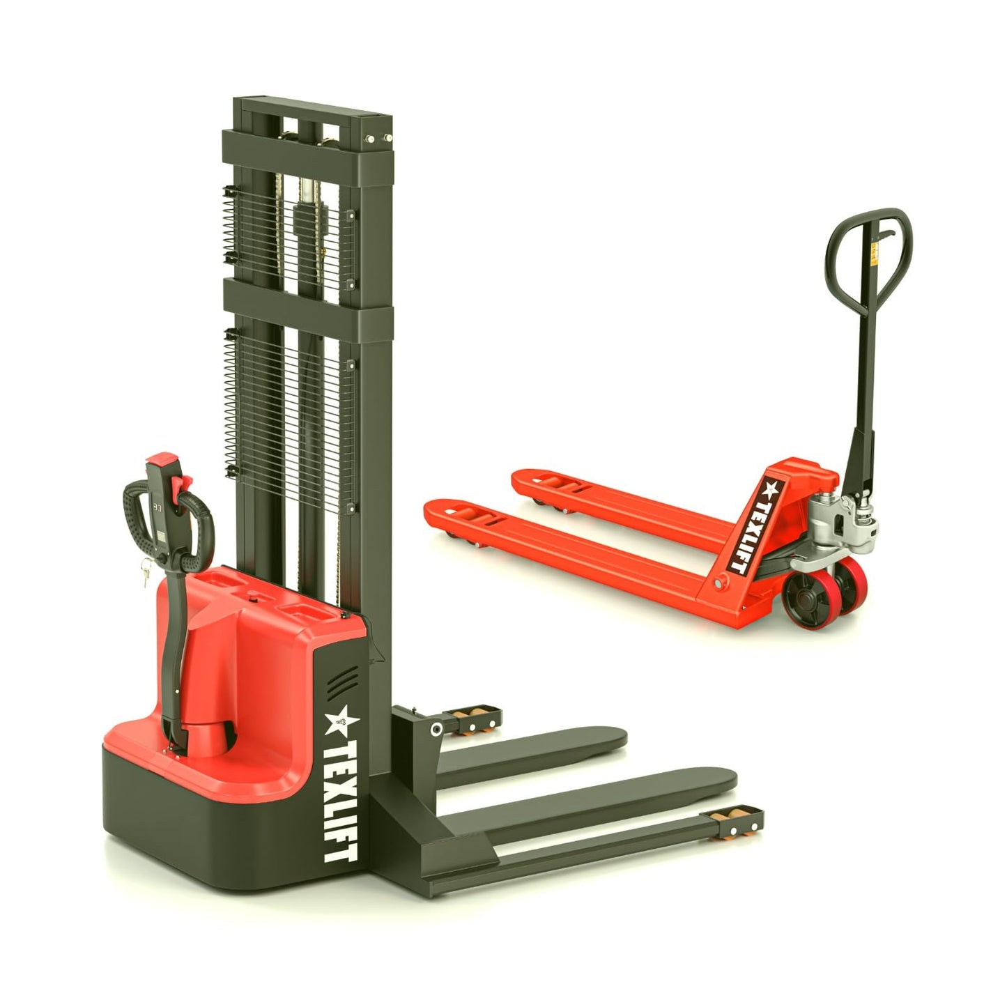 TEXLIFT Full Electric Forklift Walkie Pallet Stacker 3300 Lb Capacity 138 Inch Lifting Height and Industrial Manual Pallet Jack 5500 Lb Capacity 48” L x 27” W Fork Size Max Lift Height 8 Inch