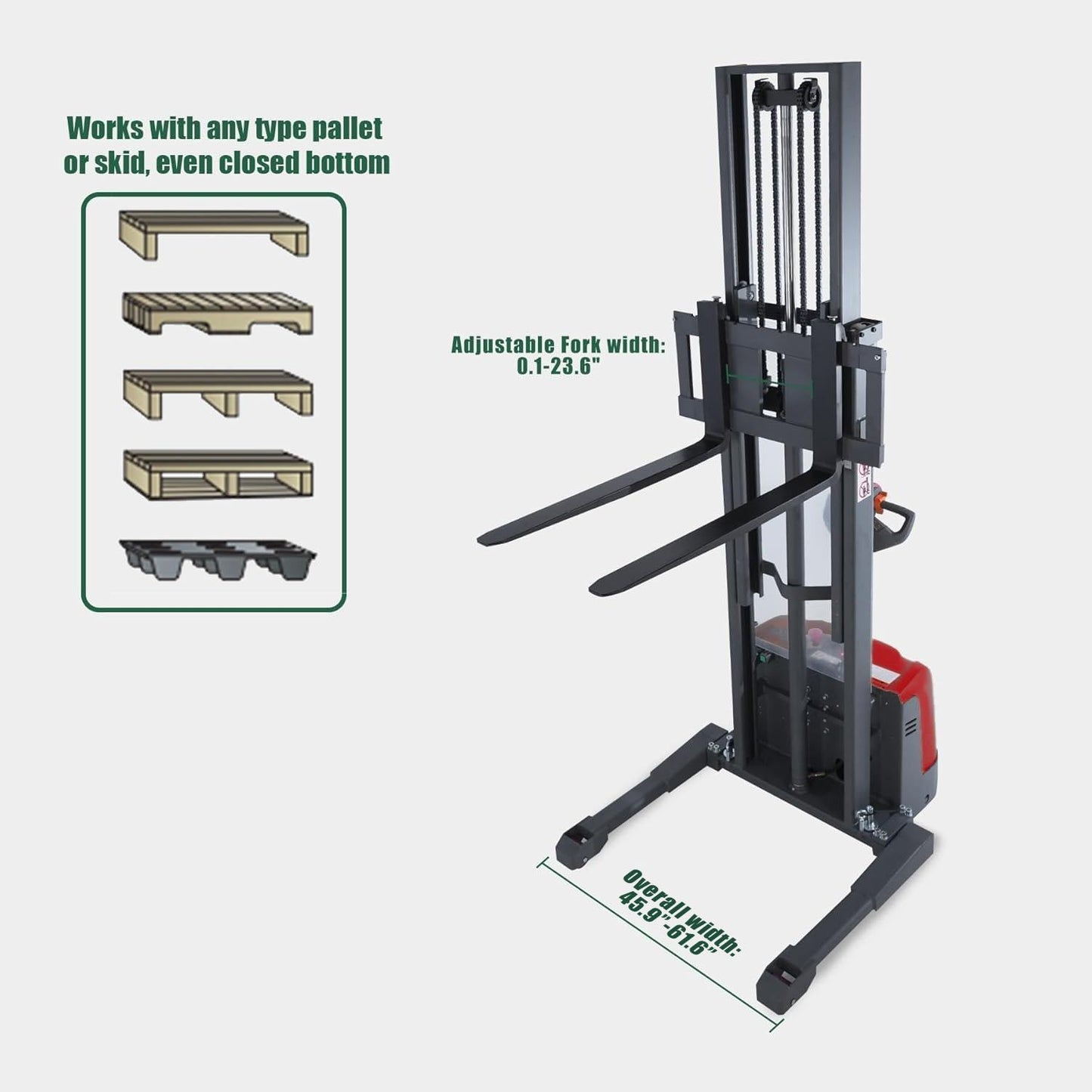 Tory Carrier Full Electric Pallet Stacker, Pallet Forklift, 3300 lbs Capacity, 118" Height Material Lifts, Straddle Legs & Forks Lift, Upgraded Maintenance-Free Gel Battery for Narrow Spaces(Red)
