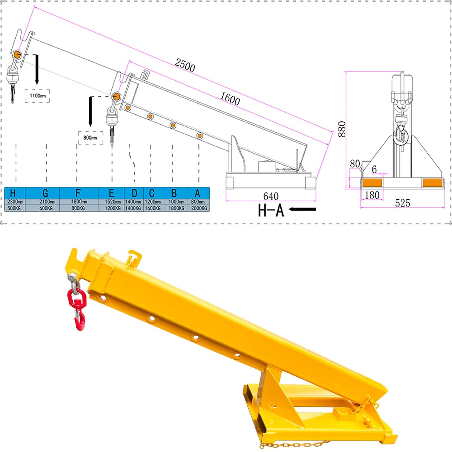 WYDDDARY Adjustable Mobile Crane Lifting Hoist Truss Jib Boom Hook 4400LbS Capacity Forklift Telescopic Boom for Forklift Towing Handling(Angle Fixation)