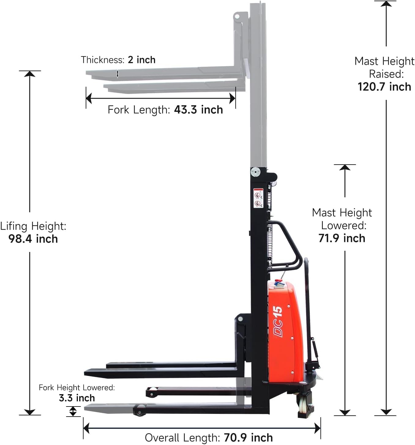 HPDMC 3300lbs Semi-Electric Pallet Stacker, 98" Lifting Height Wakie Stacker, Fixed Legs Material Lift with Adjustable Forks