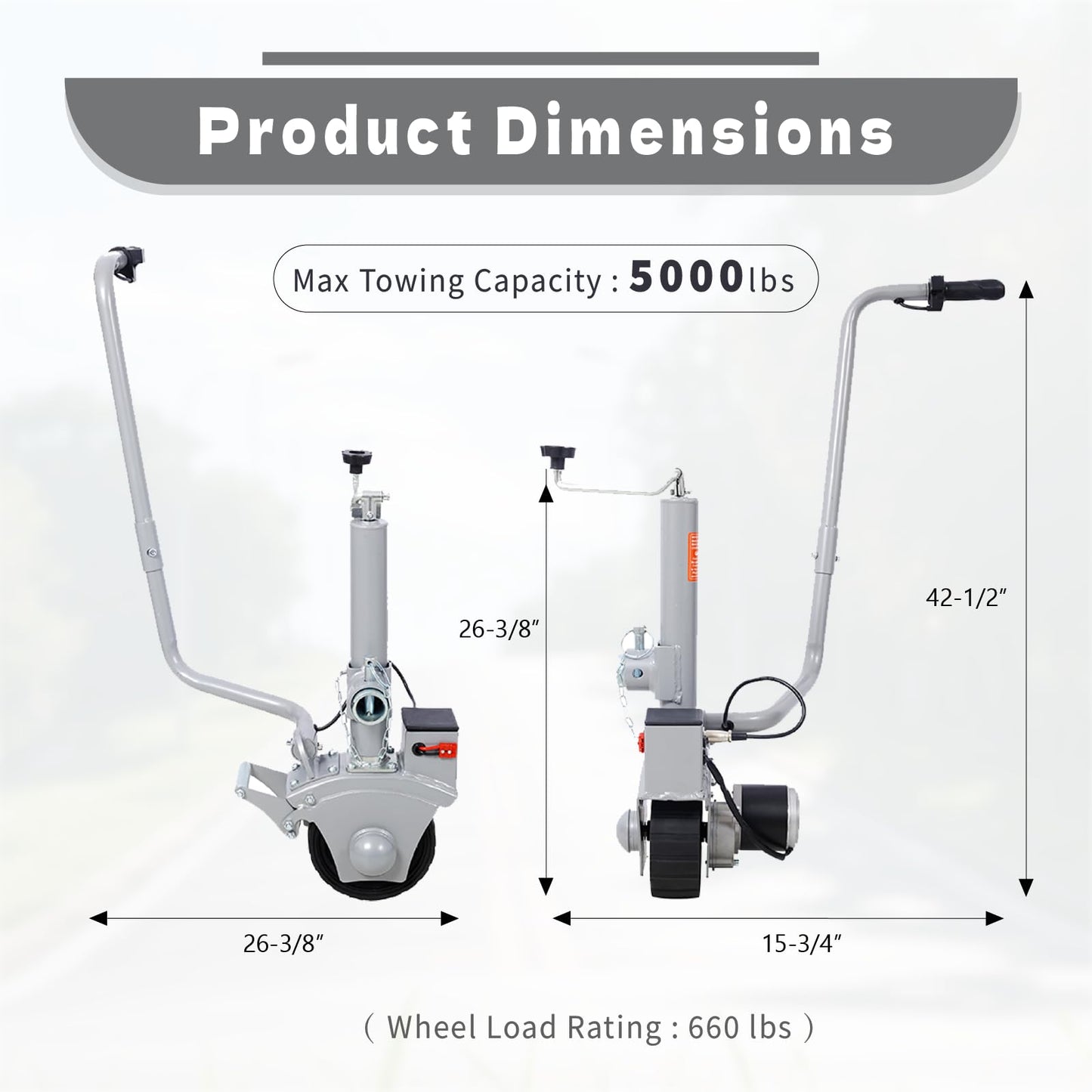 Adjustable Electric Trailer Dolly, Full Speed 5000lbs Powerful Towing Capacity, 350W 12V Trailer Jockey Wheel with 22 Ft/min Moving Speed, 8'' Rubber Tire, Universal Fit for Caravan, Boat