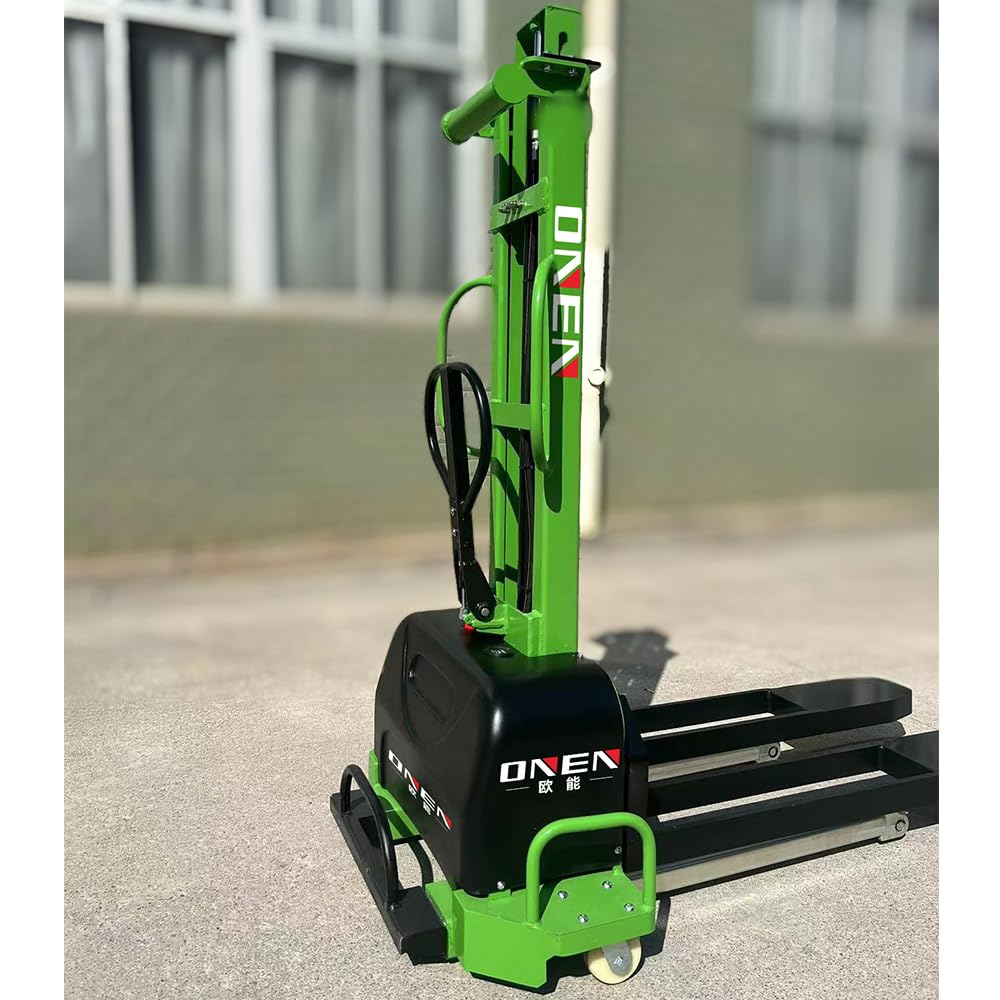ONEN Semi Electric Pallet Stacker, 1102.3 lbs Capacity, 62.99 inch Lift Height, Self Elevating Forklift with Fixed Cross Legs, Green and Black Material Handling Truck