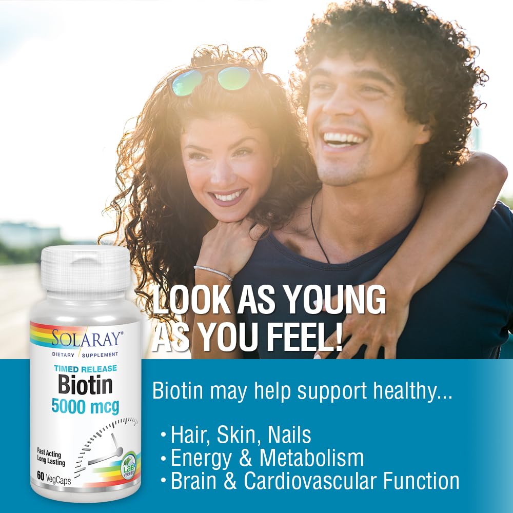 Solaray Timed-Release Biotin 5000 mcg - Pure Biotin 5000mcg for Hair, Skin, and Nails, Hair Vitamin for Women and Men, Vitamin B 7 Pills - 60 Vegan Capsules