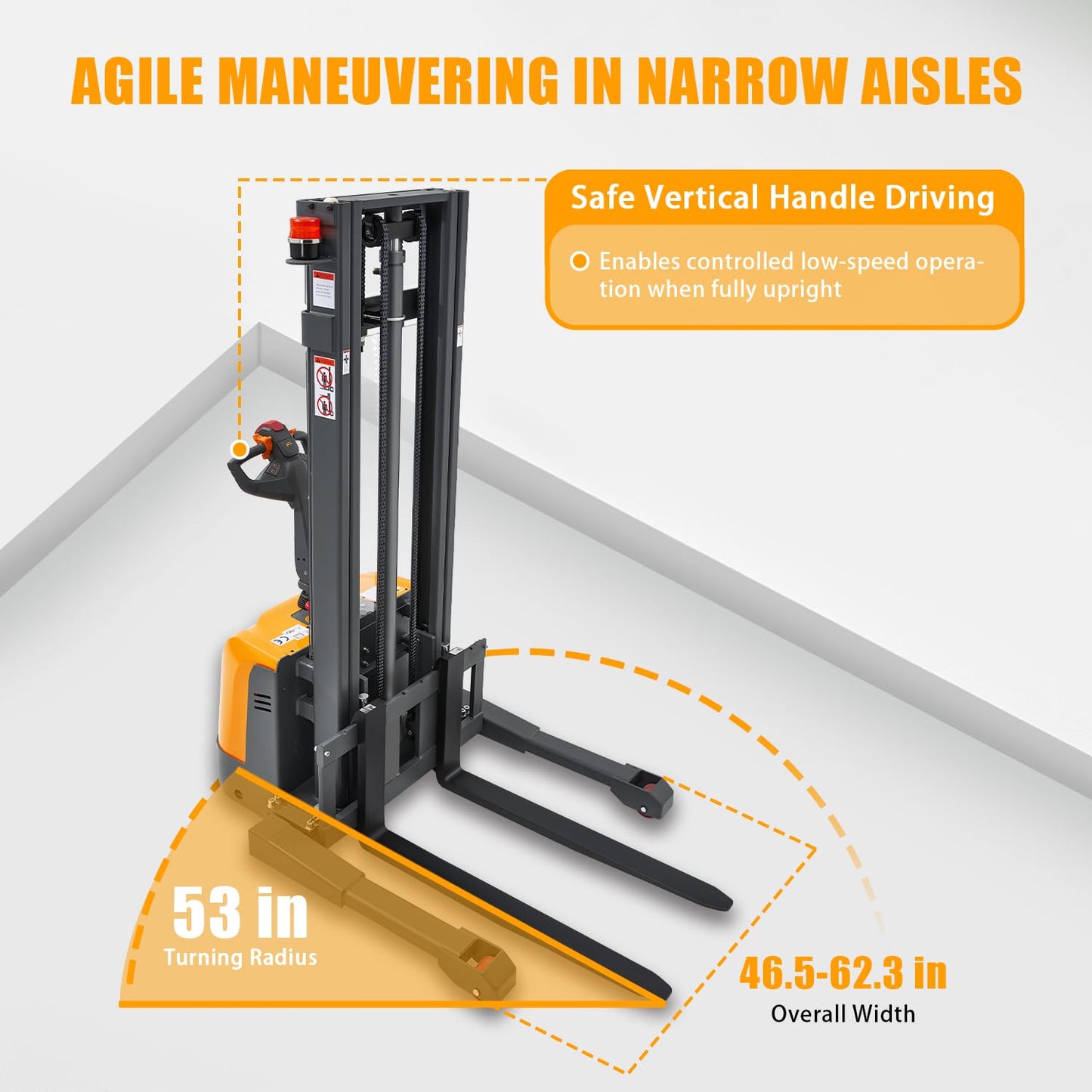 Tory Carrier Full Electric Pallet Stacker, Powered Forklift 3300 lbs Capacity, 138 inch Max. Lifting Height, Straddle Legs & Forks Material Lifts, Gel Battery Pallet Lift for Narrow Spaces