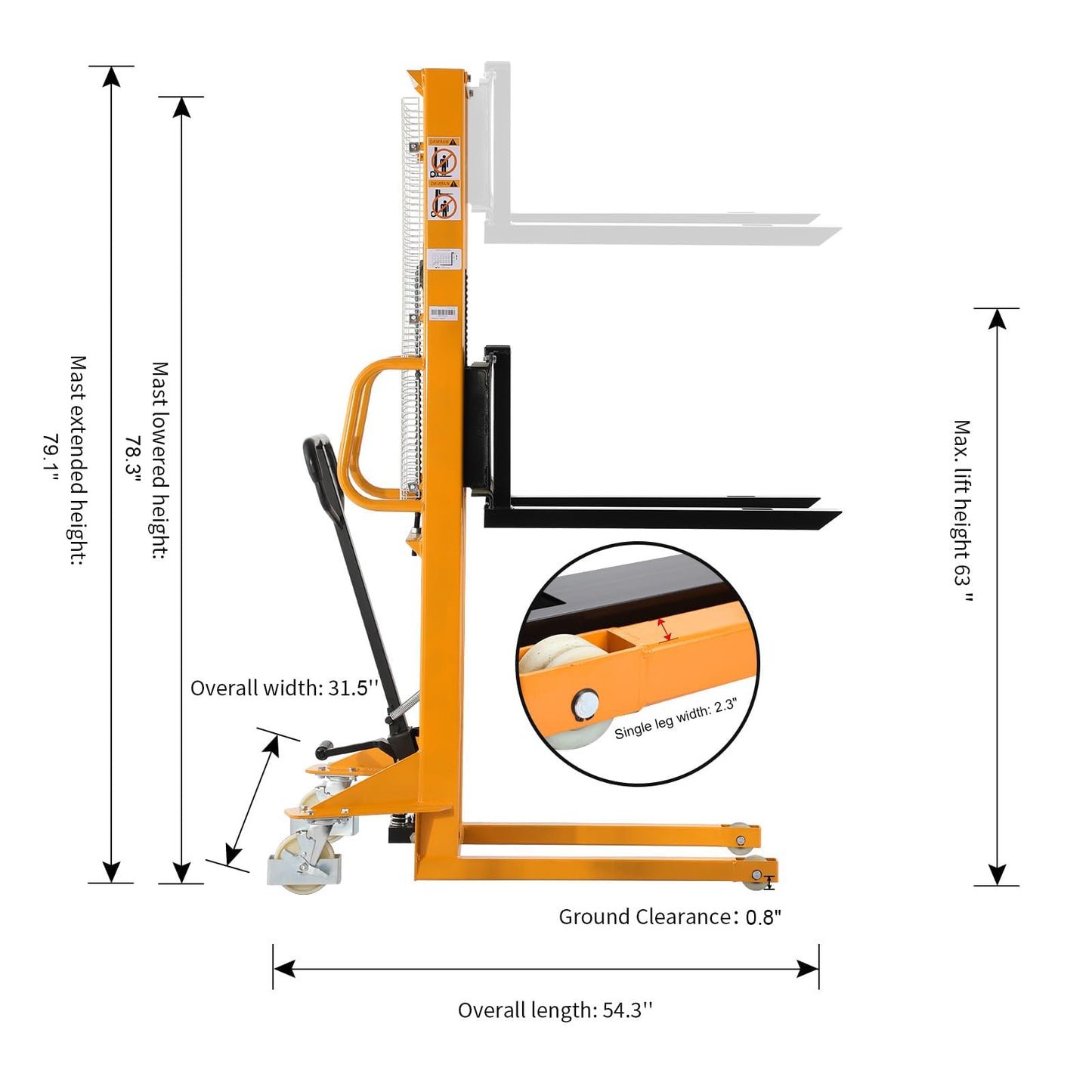 APOLLO Manual Stacker Hand Pallet Forklift 1100lbs Capacity 63" Lifting Height with Fixed Legs and Adjustable Forks Only Suitable for EU Pallets