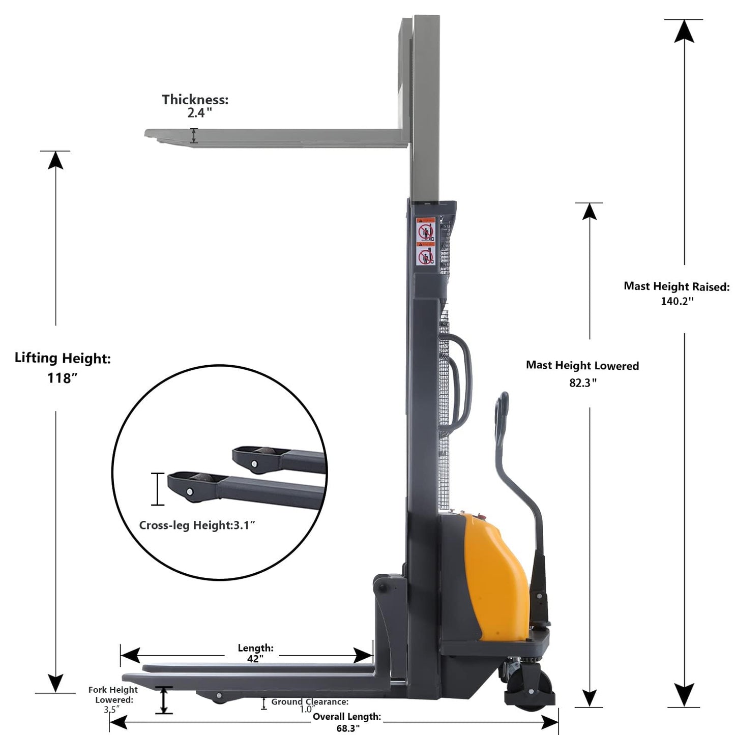 Apollolift Semi Electric Forklift Lift Pallet Stacker 2200lbs Capacity 118inch Max.Lifting Height Fixed Legs for EU Pallet