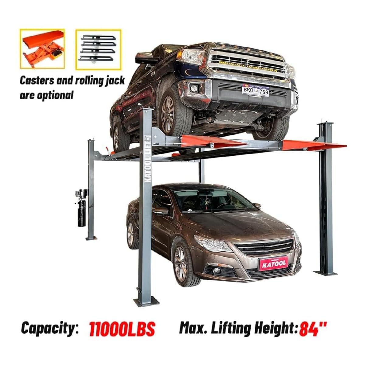 KT-4H110 Four Post Lift 11,000 Lbs Load Bearing 84.5 Inch Lifting Height Vehicle Lift, 3.0HP 110V 4 Post Lift Parking Lift (Forklift Unloading Required)