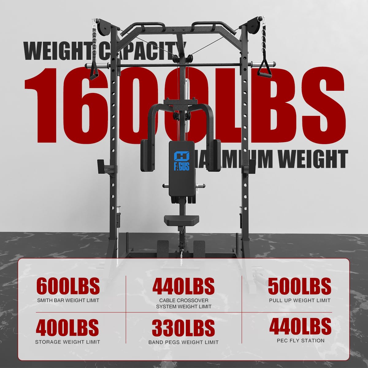 FAGUS Black Smith Machine Power Rack with Cable Crossover System & Chest Fly Station, 360° Landmine, T-Bar Row Handle, Tricep Rope, Ankle Strap, Safety Arms, Band Pegs and More Training Attachment
