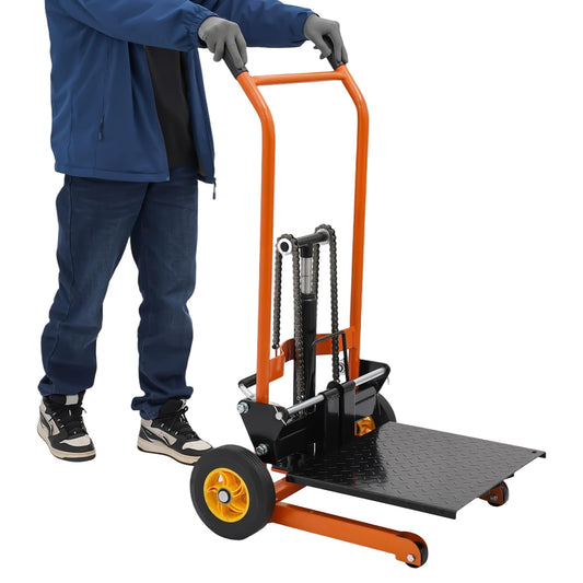 Hydraulic Material Lift Stacker, Foldable Winch Stacker 577 lbs Capacity & 35.4" Max Lift Height, Manual Pallet Truck with Removable Platform & 9" Wheels for Warehouse, Workshop, Garage