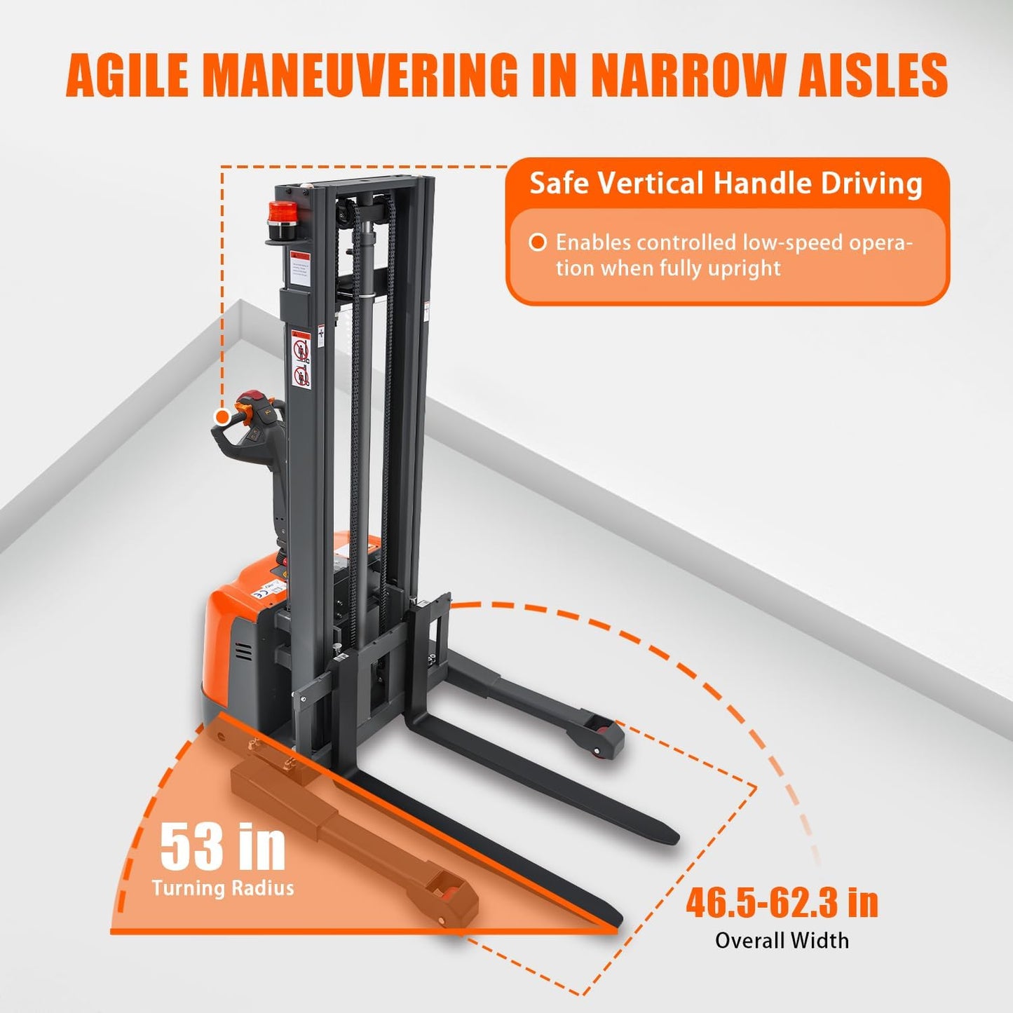 Tory Carrier Full Electric Pallet Stacker, Powered Forklift 3300 lbs Capacity, 130 inch Max. Lifting Height, Straddle Legs & Forks Material Lifts, Gel Battery Pallet Lift for Narrow Spaces