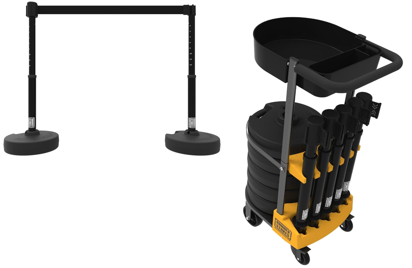Banner Stakes Crowd Control Plus Cart Package & Accessory Tray, 75' Total Retractable Belt Barrier System - 5 Telescoping Stanchions w/ 15' Black Blank Banners (PL4000-BT)