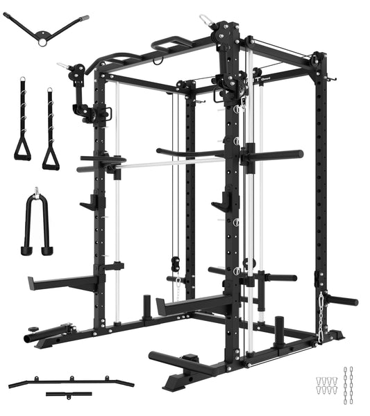 Eonfit E3 Smith Machine with 3D Rotating Arm for Home Gym Equipment, Multi-Function Power Cage Squat Rack with Cable Crossover LAT Pulldown Pulley System All in One (Black, PRO)