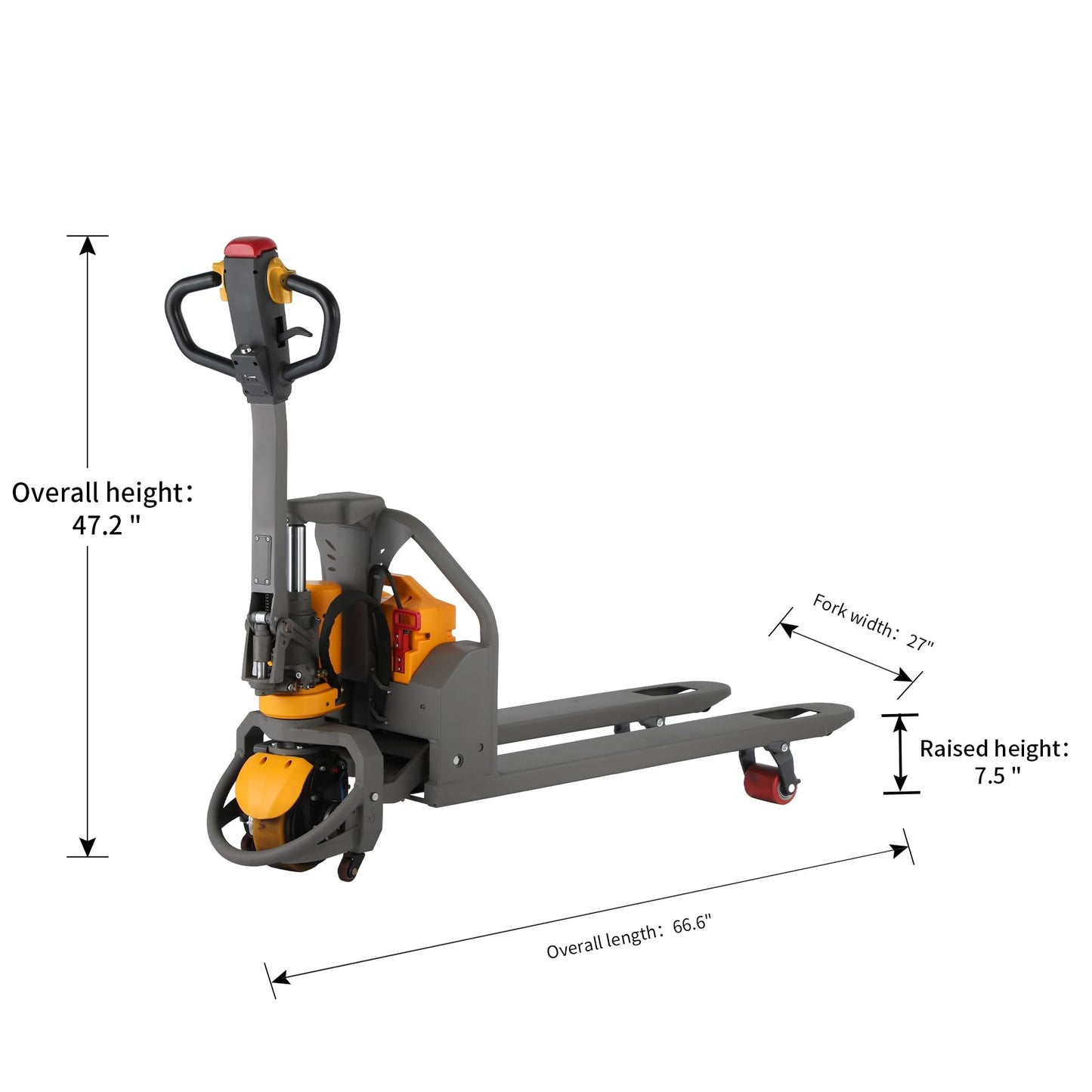 Tory Carrier Full Electric Pallet Jack, 3300lbs Capacity, 48 × 27 Forks, 48V/20Ah Li-ion Battery and Maintainance Free Motor, Controlled Descent Pallet Truck for Warehouse, Retail & Delivery, Yellow
