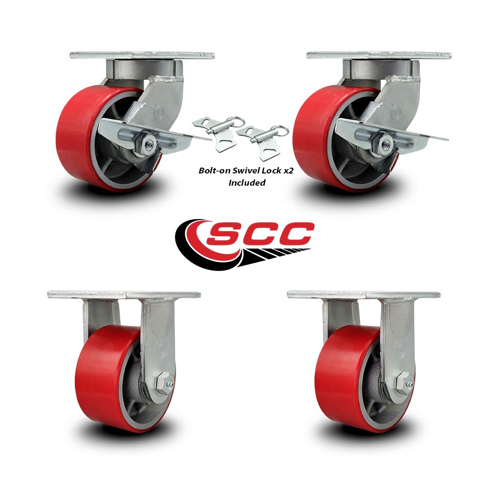 Extra Heavy Duty 6” x 3” Red Poly on Cast Iron Swivel Caster Set for Cranes, Gantries, Hoists, and Winches - 2 with Brake and Swivel Lock/2 Rigid-2,000 lbs Per Caster-Set of 4- Service Caster Brand