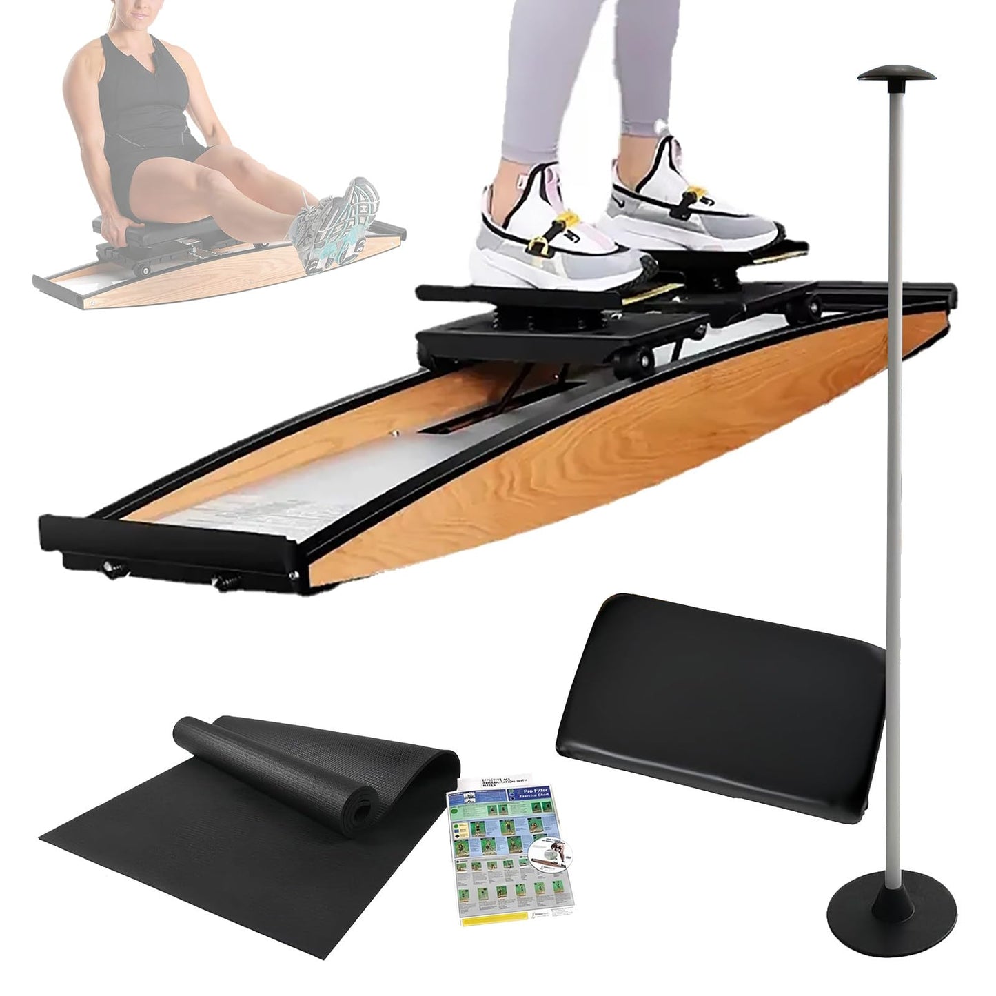 QUGURLID Ski Exercise Machine,Ski Trainer Simulator,3D Cross Trainer,for Waist,Abdomen and Leg Training, Indoor Ski Simulator w/Ski Poles&Mats