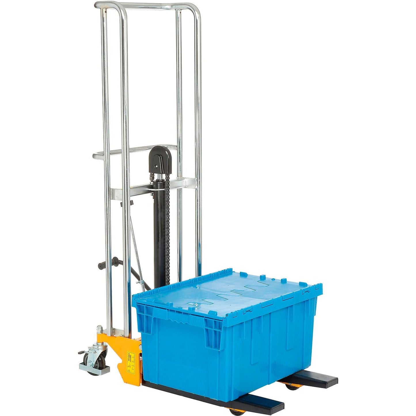 Global Industrial Manual Lift Stacker, 3-1/2" to 59" Lift, Adjustable 8-1/2" to 19-1/2"W Forks, 880 Lb. Capacity, Foot-Operated Hydraulic Pump, Yellow Powder Coat Steel Frame