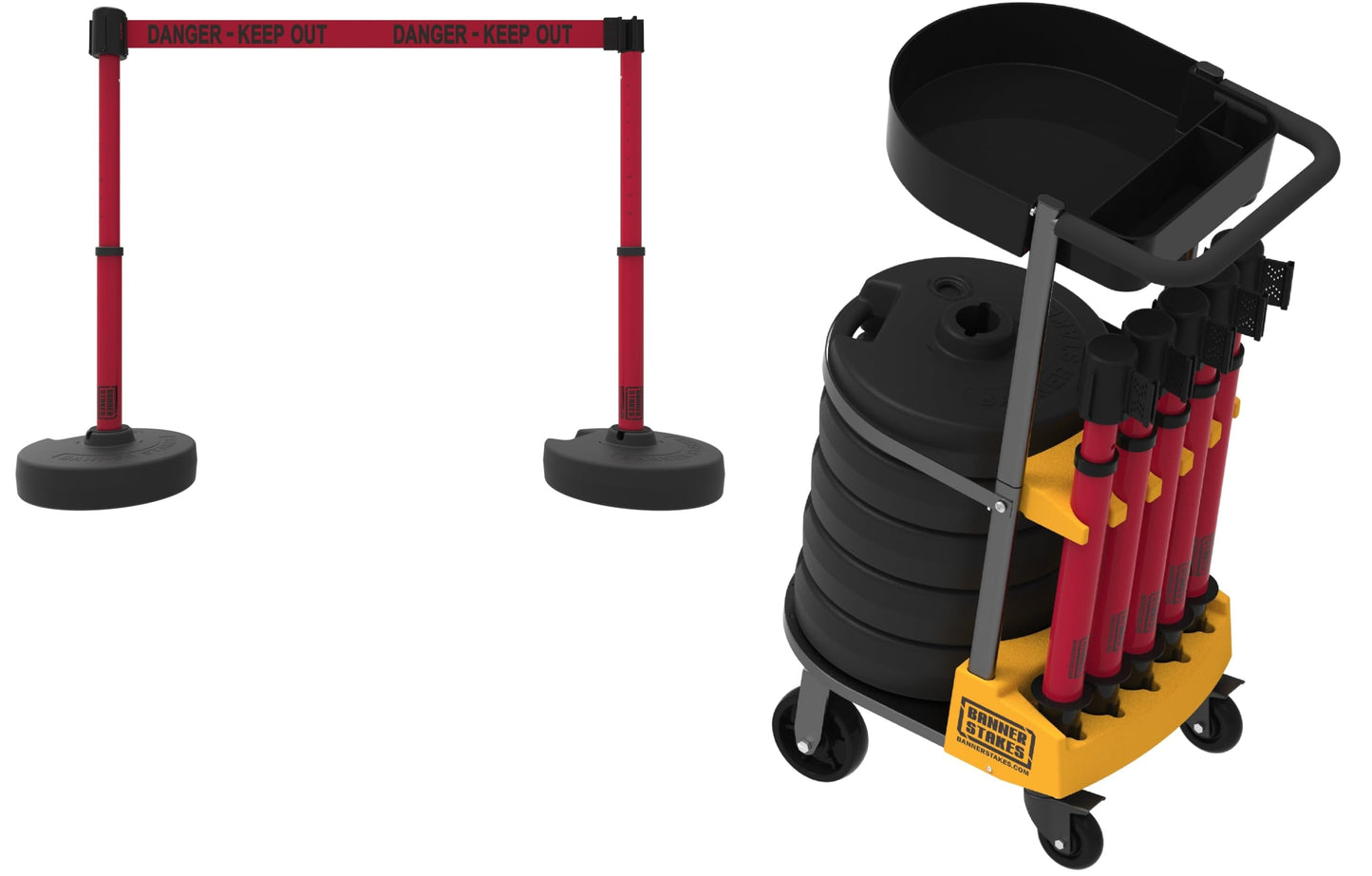 Banner Stakes Crowd Control Plus Cart Package & Accessory Tray, 75' Total Retractable Belt Barrier System - 5 Telescoping Stanchions w/ 15' Red "Danger - Keep Out" Banners (PL4011T)