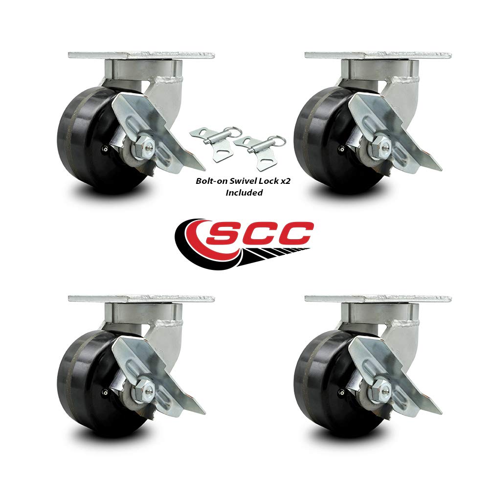 Extra Heavy Duty Kingpinless 6” x 3” Swivel Caster Set for Cranes, Gantries, Hoists, and Winches - 2 with Brake and Swivel Lock/2 with Brake - 2,000 lbs Per Caster - Set of 4 - Service Caster Brand