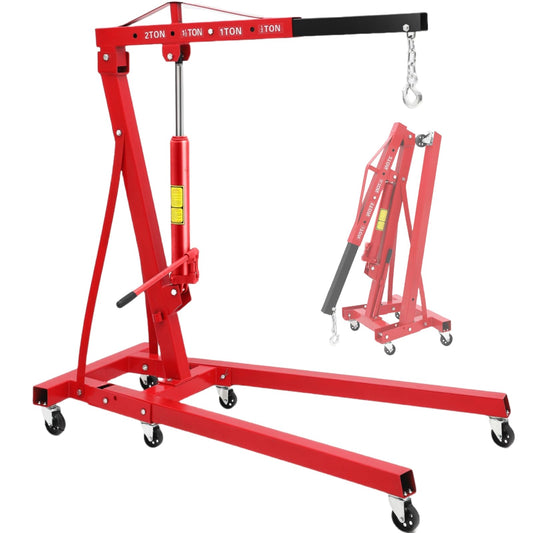 Hydraulic Engine Hoist, 2-Ton Folding Portable Shop Crane Lift, 4400 Lbs Capacity with Telescopic Boom and 6 Casters, Foldable Mobile Cherry Picker for Garage Workshop Warehouse, Red, Heavy-Duty