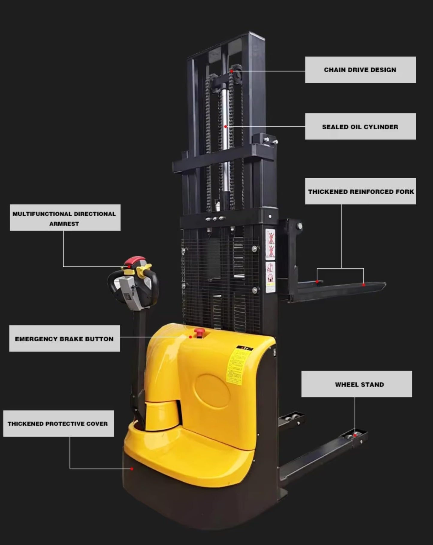 2 Ton Full Electric Stacker, 4500 mm Lift Height Walk-Behind Fork Truck for Warehouse Material Handling