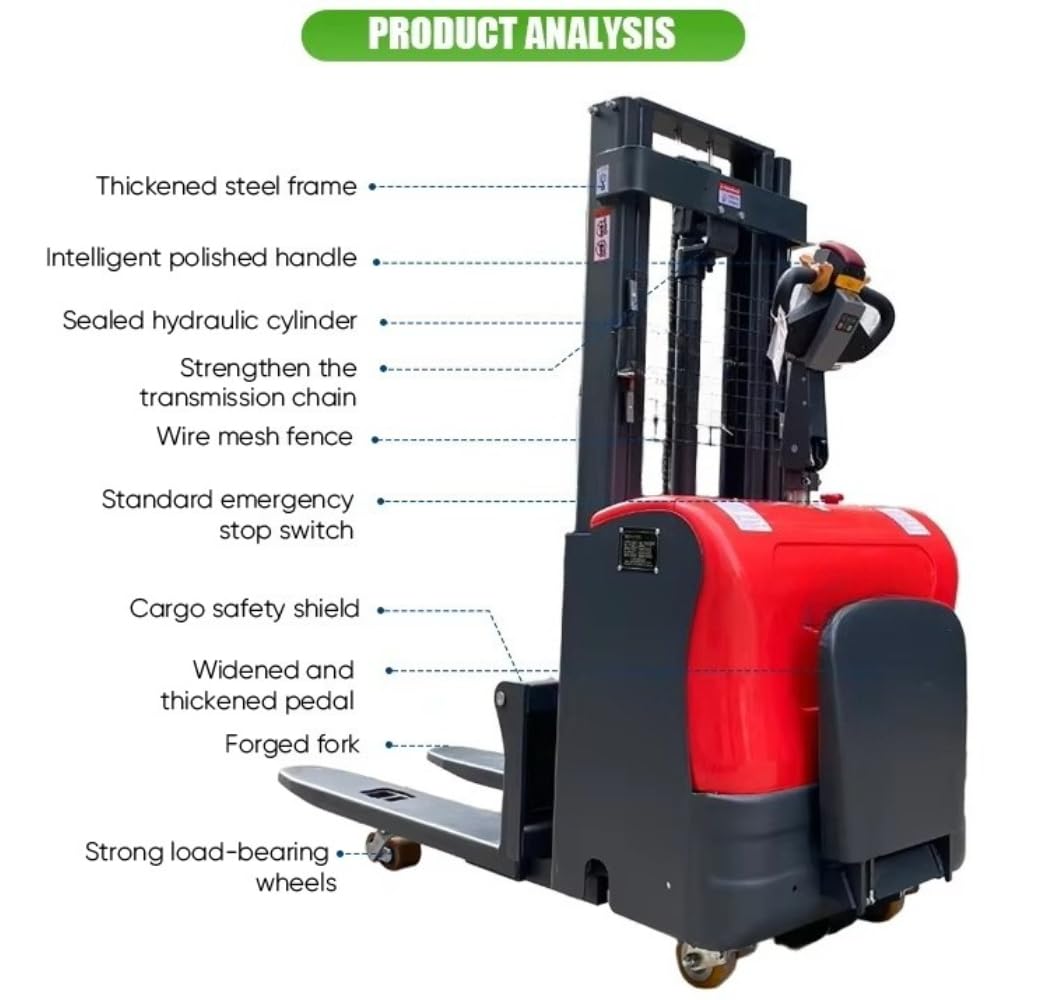 Full Electric Small Pallet Stacker, Standing Mini Forklift, 1.5–2 Ton Electric Stacker with 2m 3m 4.5m Lifting Height Options, Adjustable Forks, PU Wheels, Warehouse Material Handling Equipment