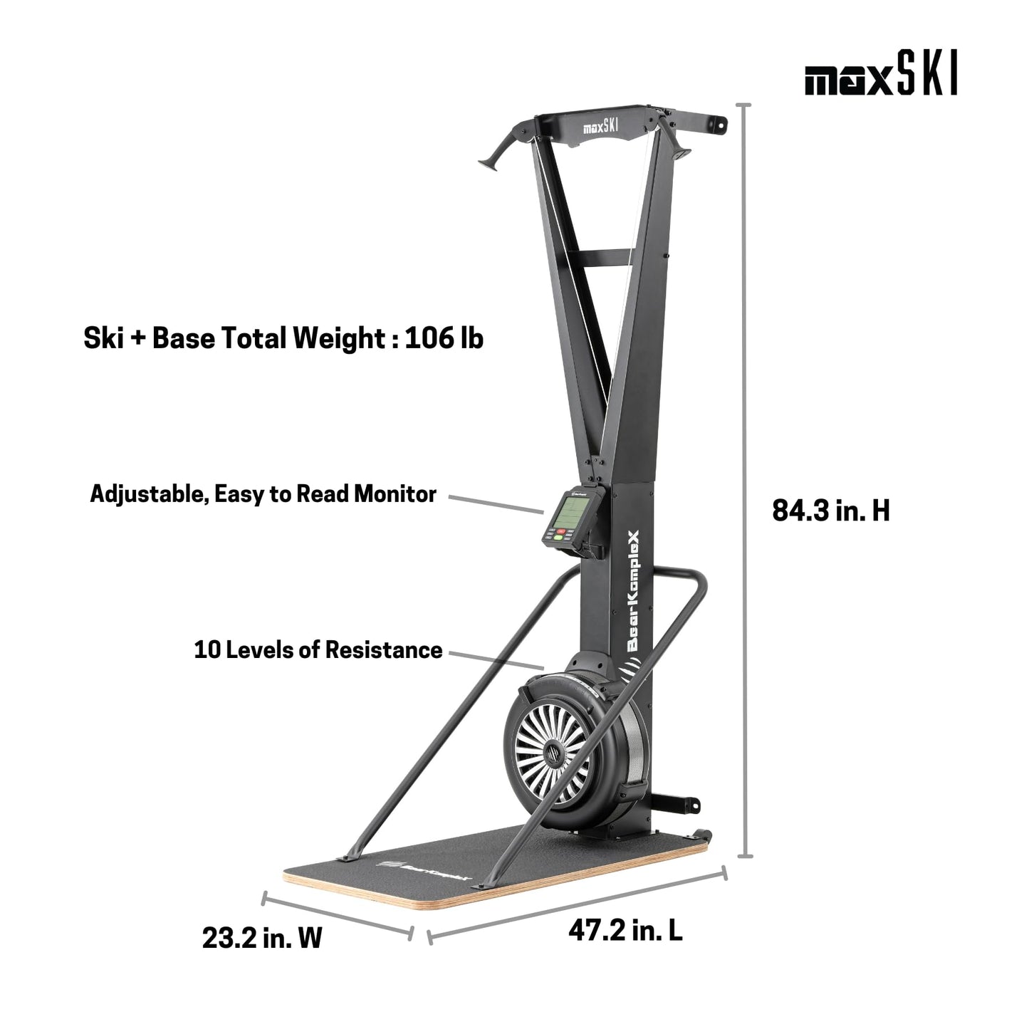 Bear KompleX MAX SKI Erg Machine - Indoor Trainer Equipment with Floor Stand and Wall-Mount Included, Full Body Workout Cardio, 10-Level Air Resistance System, Home Gym Fitness Equipment for Crossfit