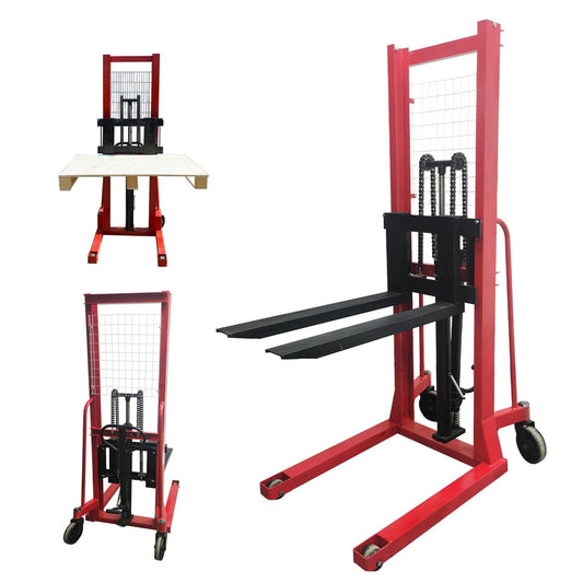 EQCOTWEA Manual Hydraulic Pallet Stacker 2200 LBS Load Pallet Truck Stacker 64" Lift Height Adjustable Forks Manual Stacking Winch Truck Used for Single Sided Pallets, for Warehouse Material Lifting