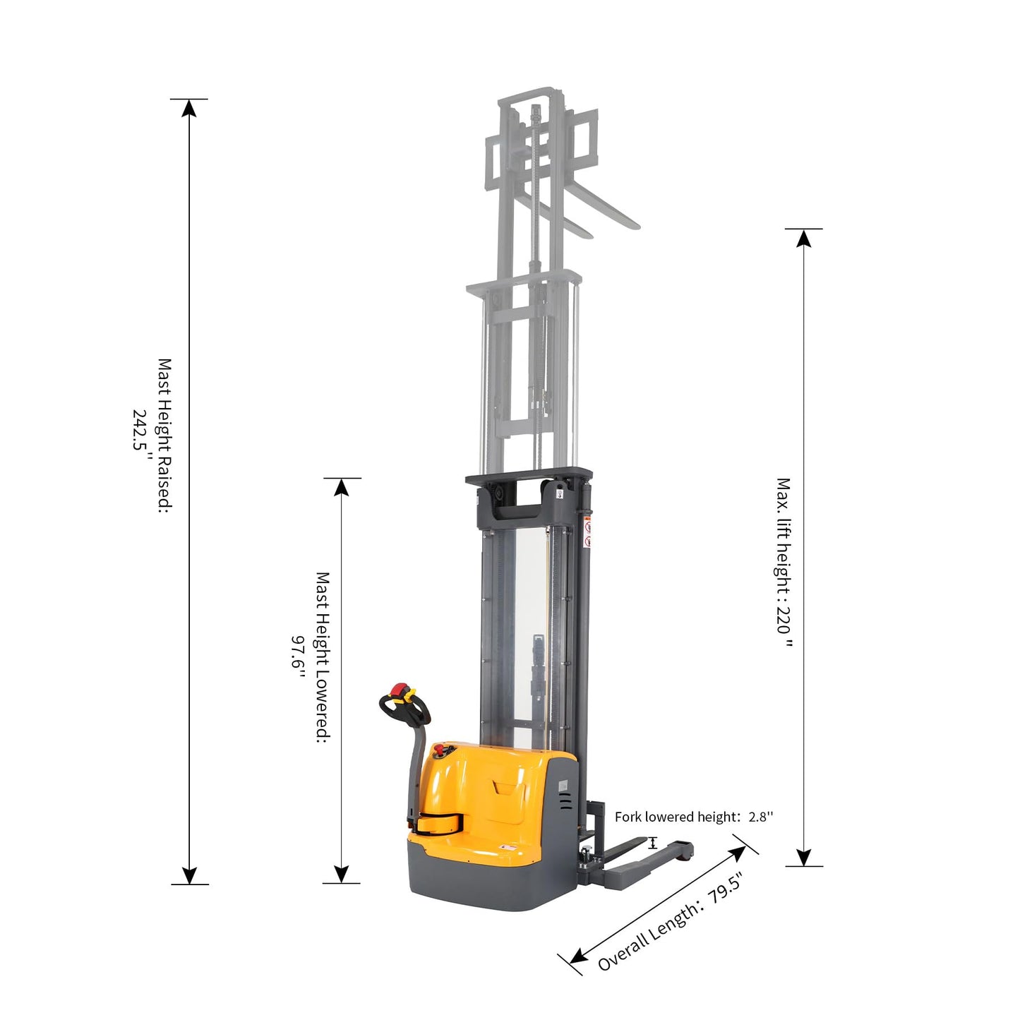 APOLLOLIFT Fully Powered Drive and Lift Electric Stacker with Straddle Legs 3300 lbs Capacity 220" Lift Height, Adjustable Forks Material Lift