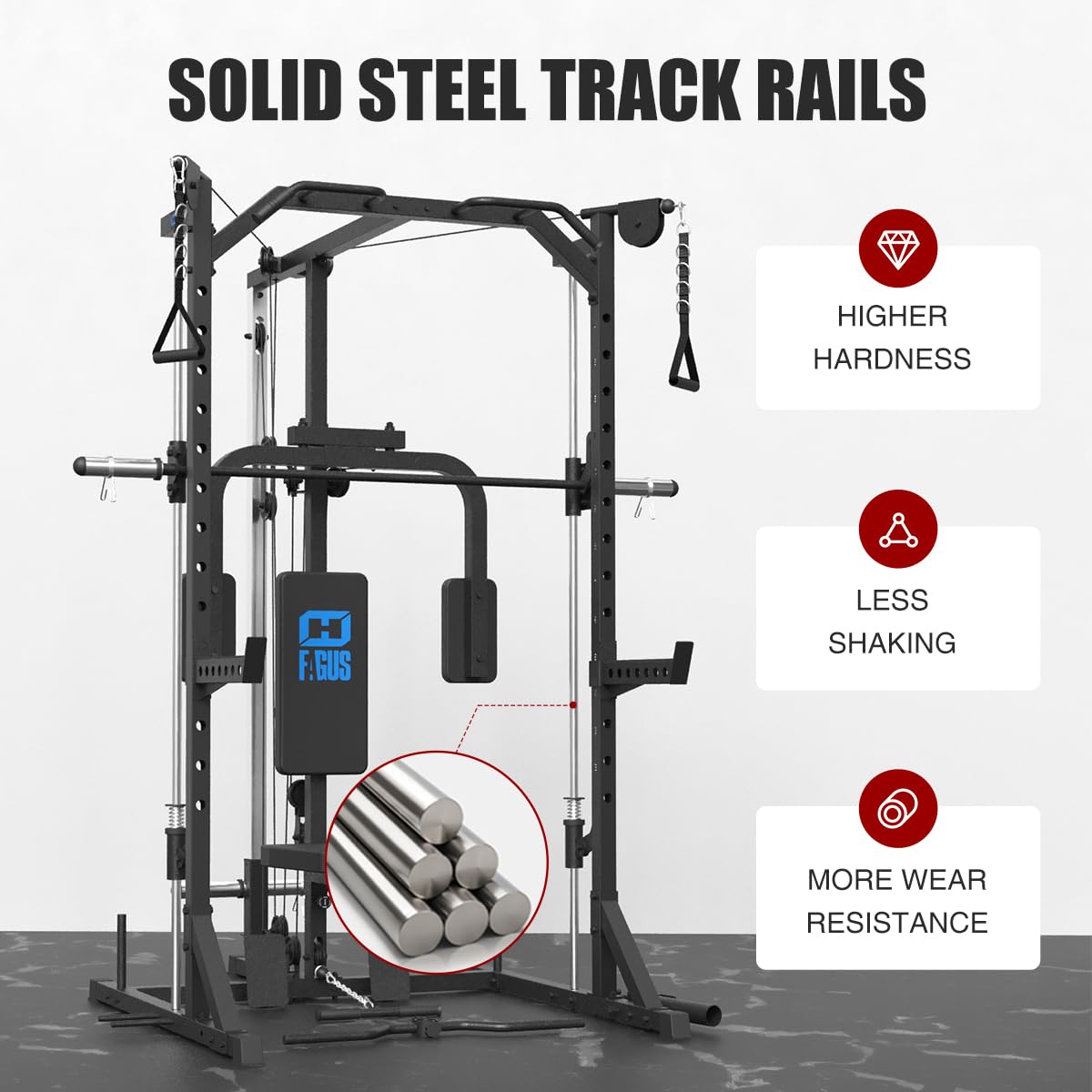 FAGUS Black Smith Machine Power Rack with Cable Crossover System & Chest Fly Station, 360° Landmine, T-Bar Row Handle, Tricep Rope, Ankle Strap, Safety Arms, Band Pegs and More Training Attachment