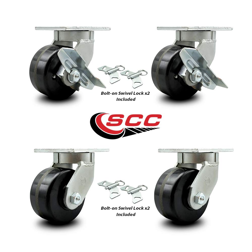 Extra Heavy Duty 6” x 3” Swivel Caster Set for Cranes, Gantries, Hoists, and Winches - 2 with Brake and Swivel Lock/2 with Swivel Lock - 2,000 lbs Per Caster - Set of 4 - Service Caster Brand