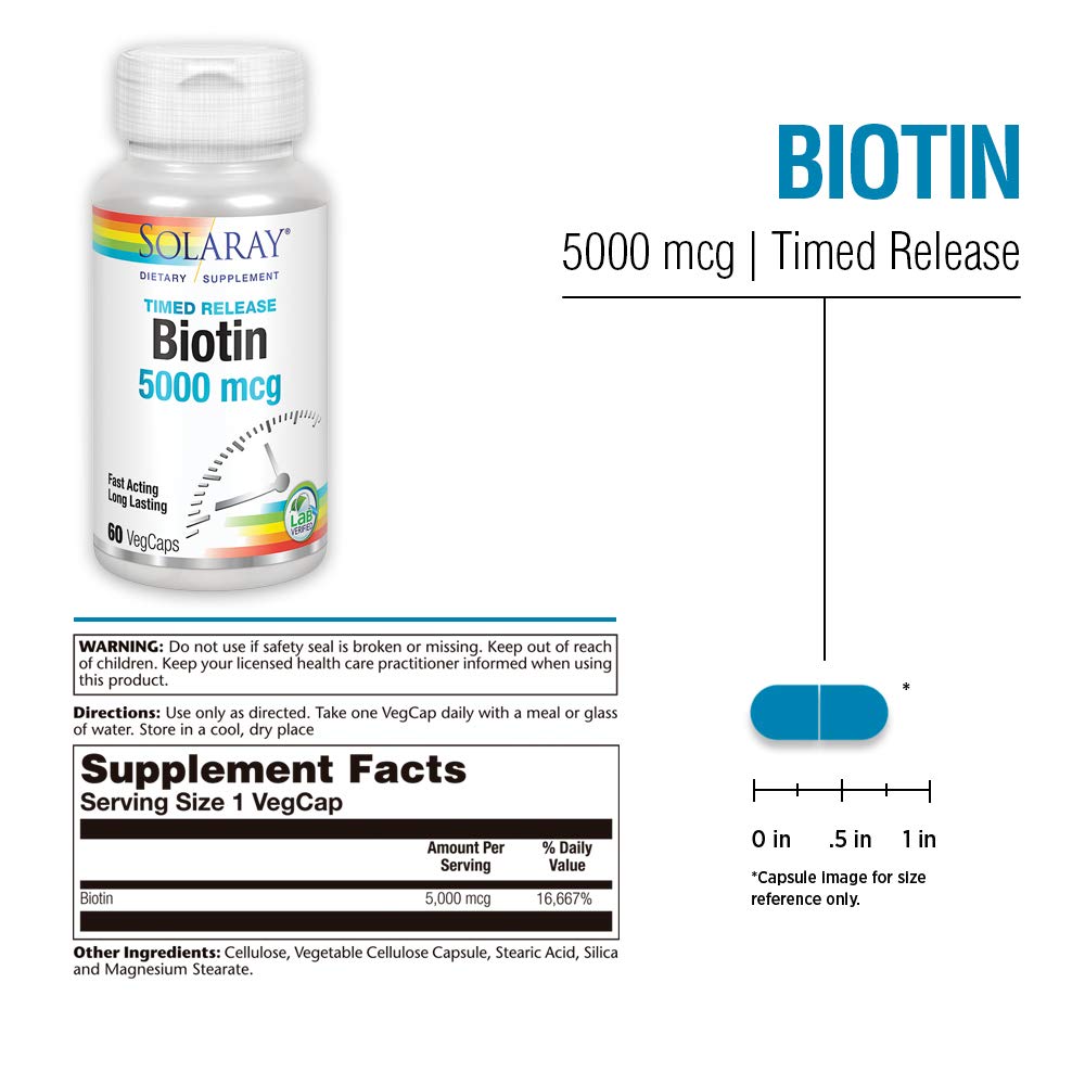 Solaray Timed-Release Biotin 5000 mcg - Pure Biotin 5000mcg for Hair, Skin, and Nails, Hair Vitamin for Women and Men, Vitamin B 7 Pills - 60 Vegan Capsules