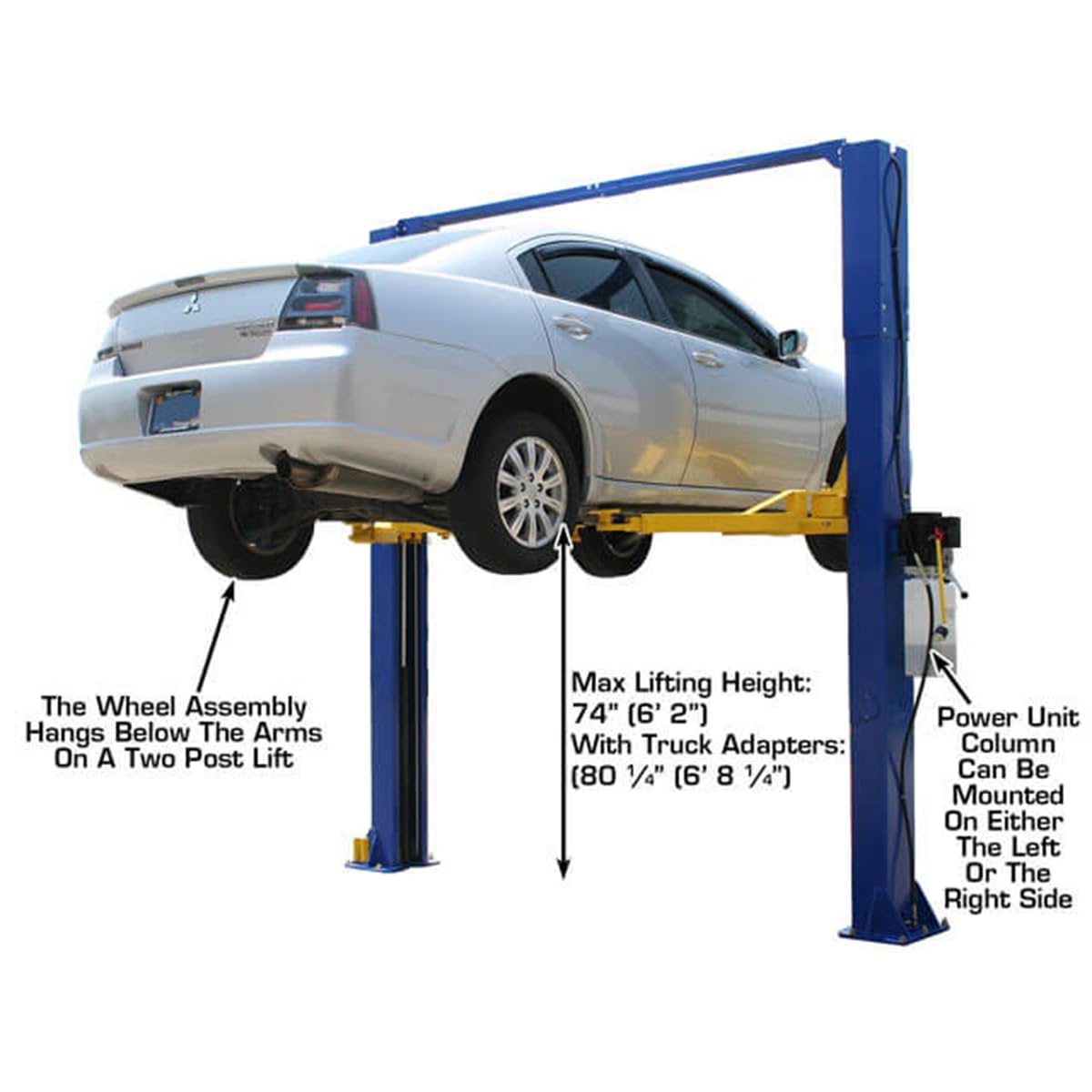 Atlas Automotive Equipment 9KOHX 2-Post Vehicle Lift, Overhead Hoist, 12' Minimum Ceiling Height, Clear Floor Design, 9,000lb Capacity, Dual-Point Lock Release, Dual Hydraulic Chain Drive Cylinders