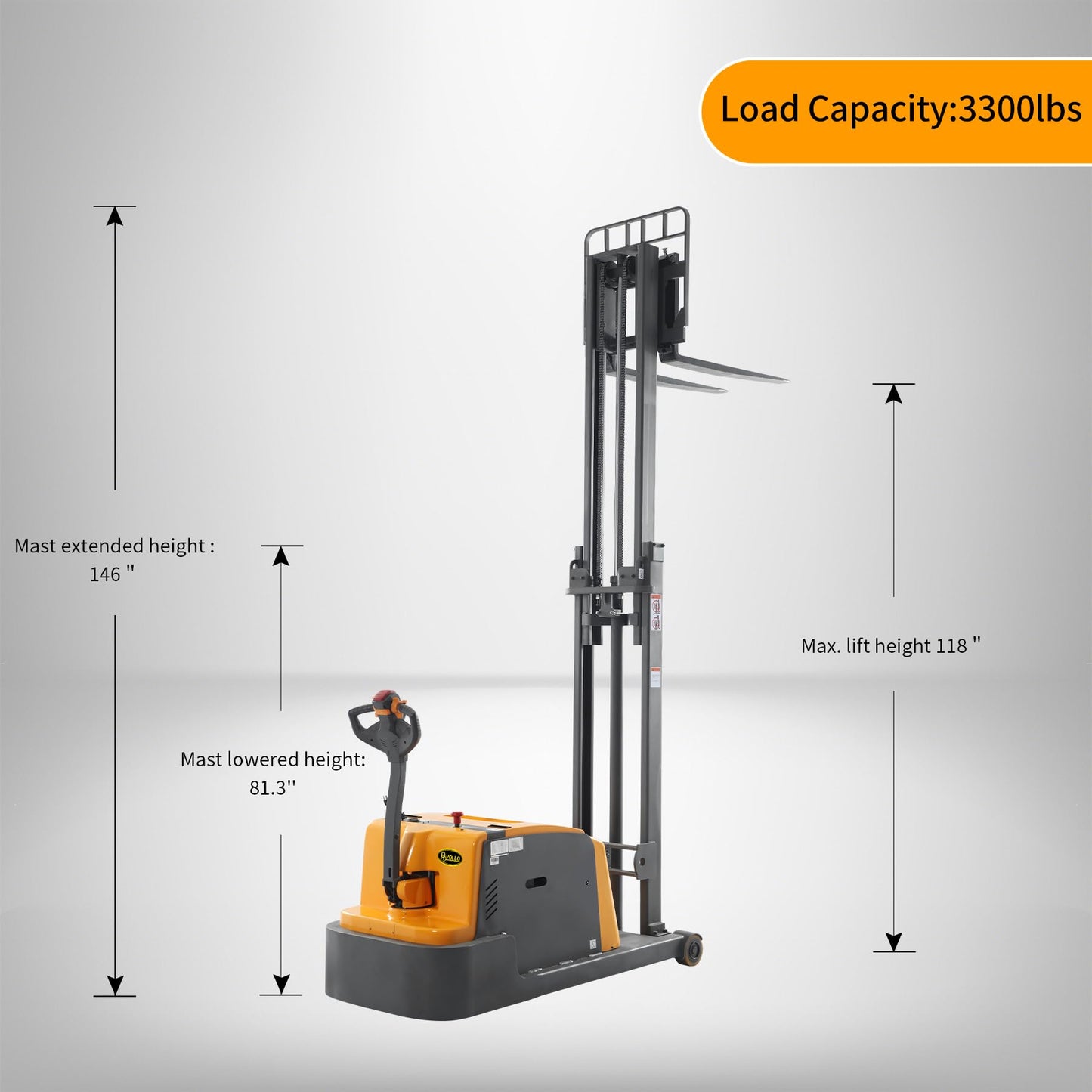 APOLLOLIFT Counterbalanced Full Electric Stacker, 118" Lift Height Forklift, 3300Lbs Capacity Powered Material Lift for Factories, Logistics and Warehouses