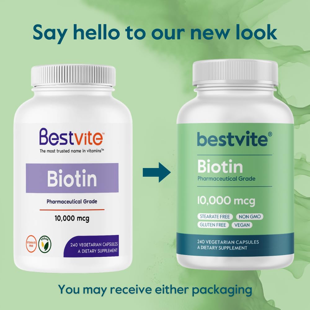 BESTVITE Biotin 10,000mcg (240 Vegetarian Capsules) - No Stearates - No Dicalcium Phosphate - No Artificial Sweeteners - No Flavors - No Flow Agents - Vegan - Non GMO - Gluten Free