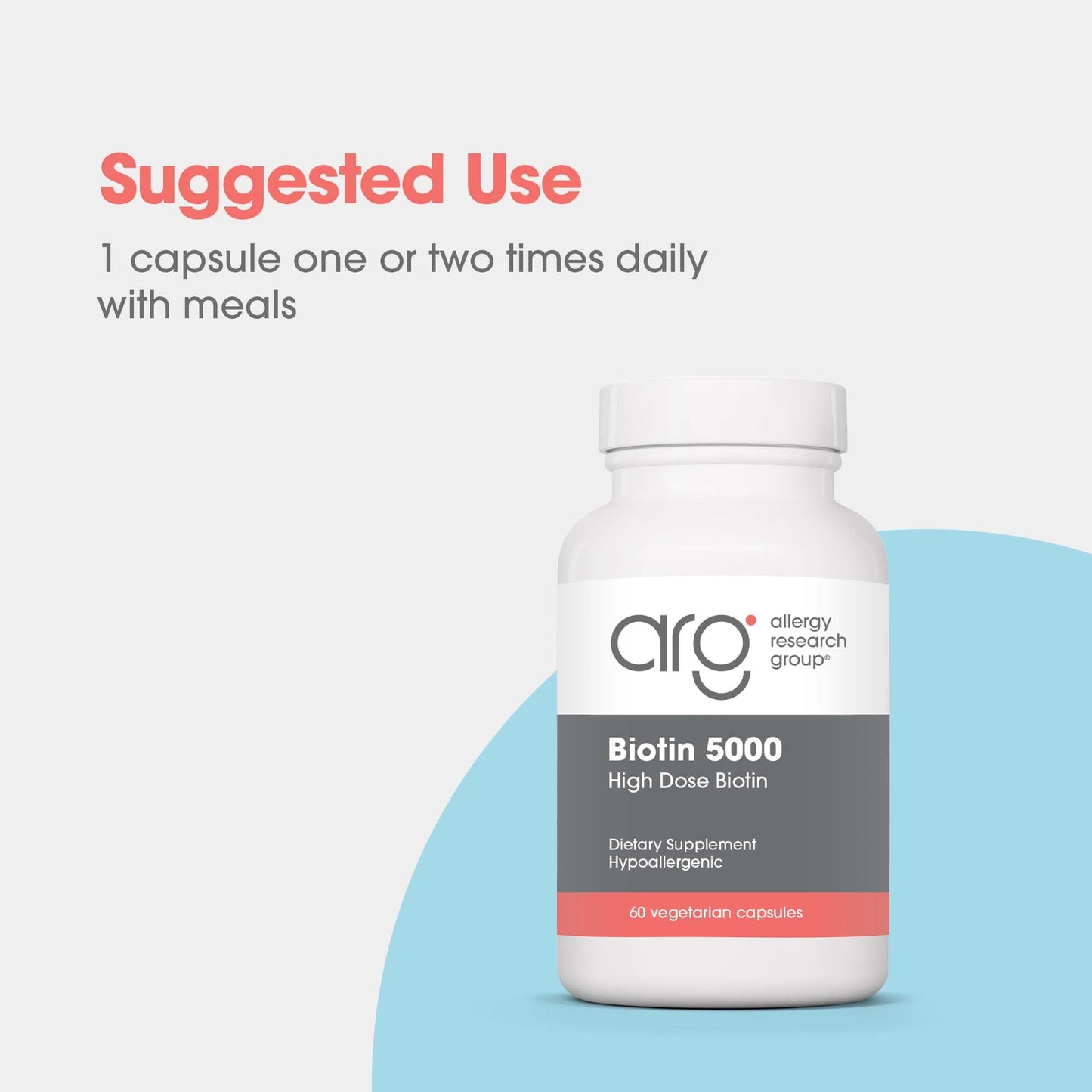 ARG Biotin 5000 - Delivers 5000 mcg Biotin - Vitamin B - Metabolism & Energy Production Support - Hair, Skin & Nail Supplement - Gluten-Free - 60 Servings - 60 Vegetarian Capsules