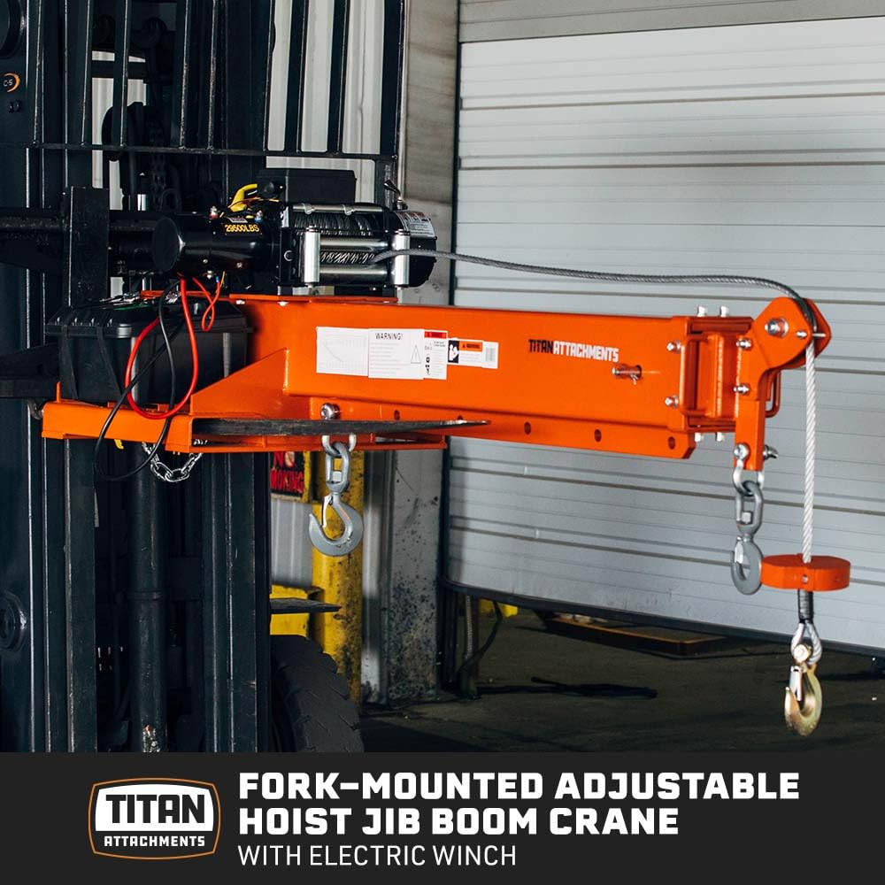 Titan Attachments Fork-Mounted Adjustable Hoist Jib Boom Crane with Electric Winch, Wired and Wireless Controllers, Manual Telescoping Boom Extends Up to 138", 6600 LB Lift Capacity