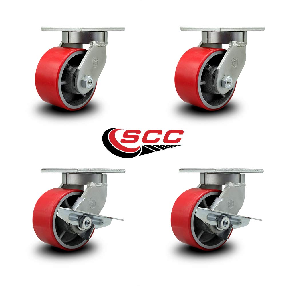Extra Heavy Duty 6” x 3” Red Poly on Cast Iron Swivel Caster Set for Cranes, Gantries, Hoists, and Winches - 4 Swivel with 2 Side Lock Brakes -2,000 lbs Per Caster–Set of 4 - Service Caster Brand